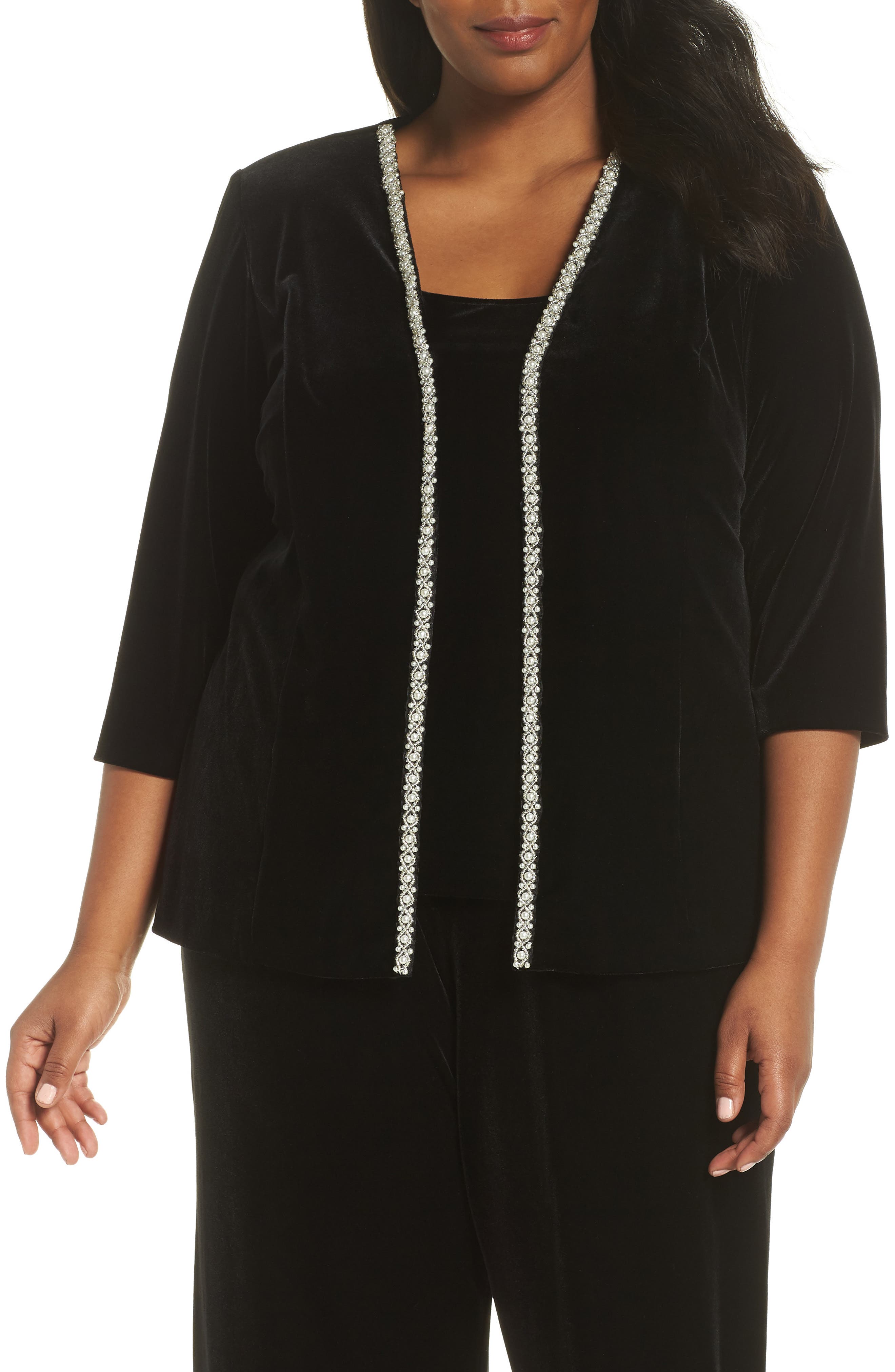 Plus Size Alex Evenings Imitation Pearl Embellished Twinset, Black