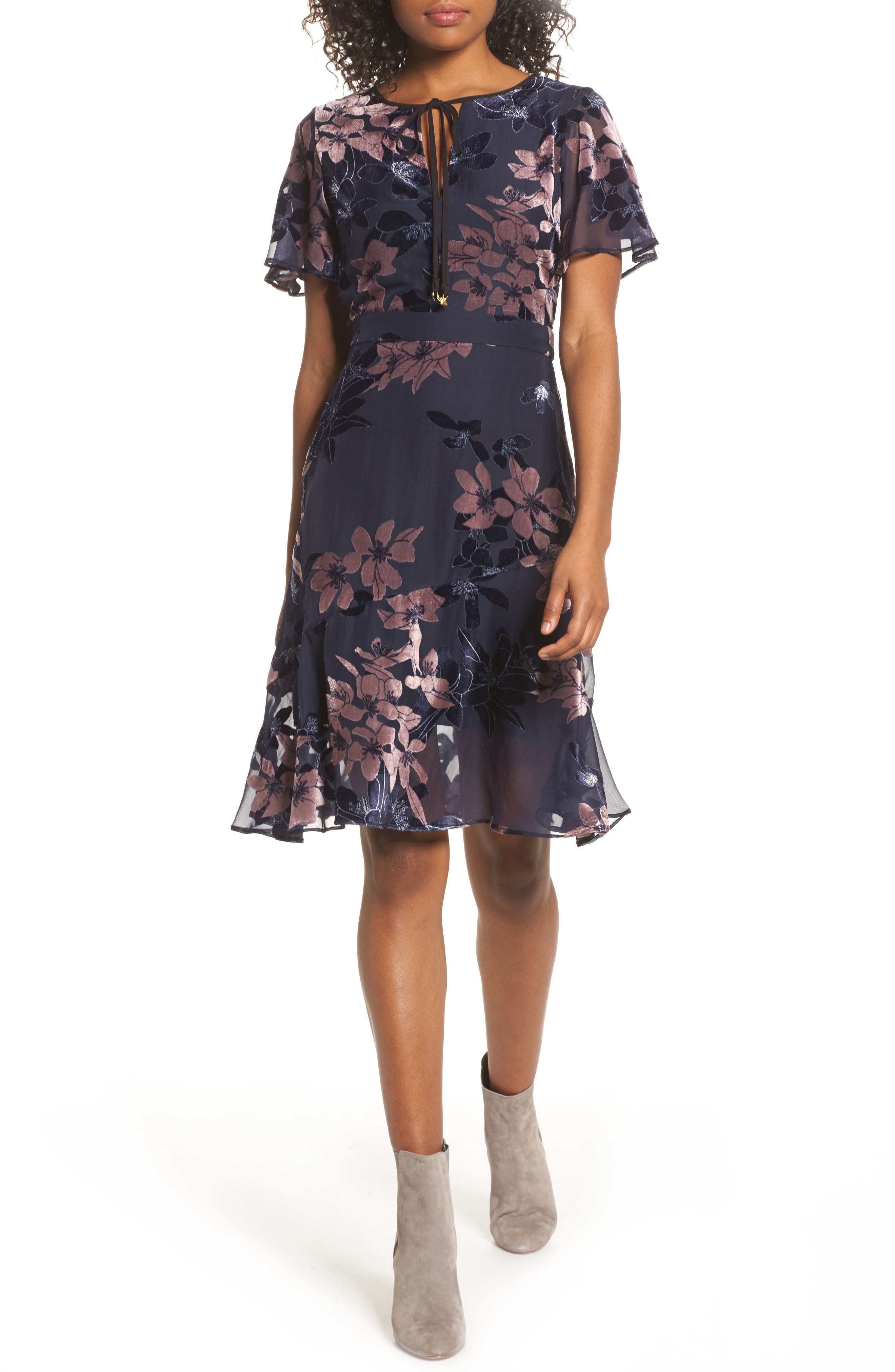 Sam Edelman Burnout Floral Flare Hem Dress, Blue
