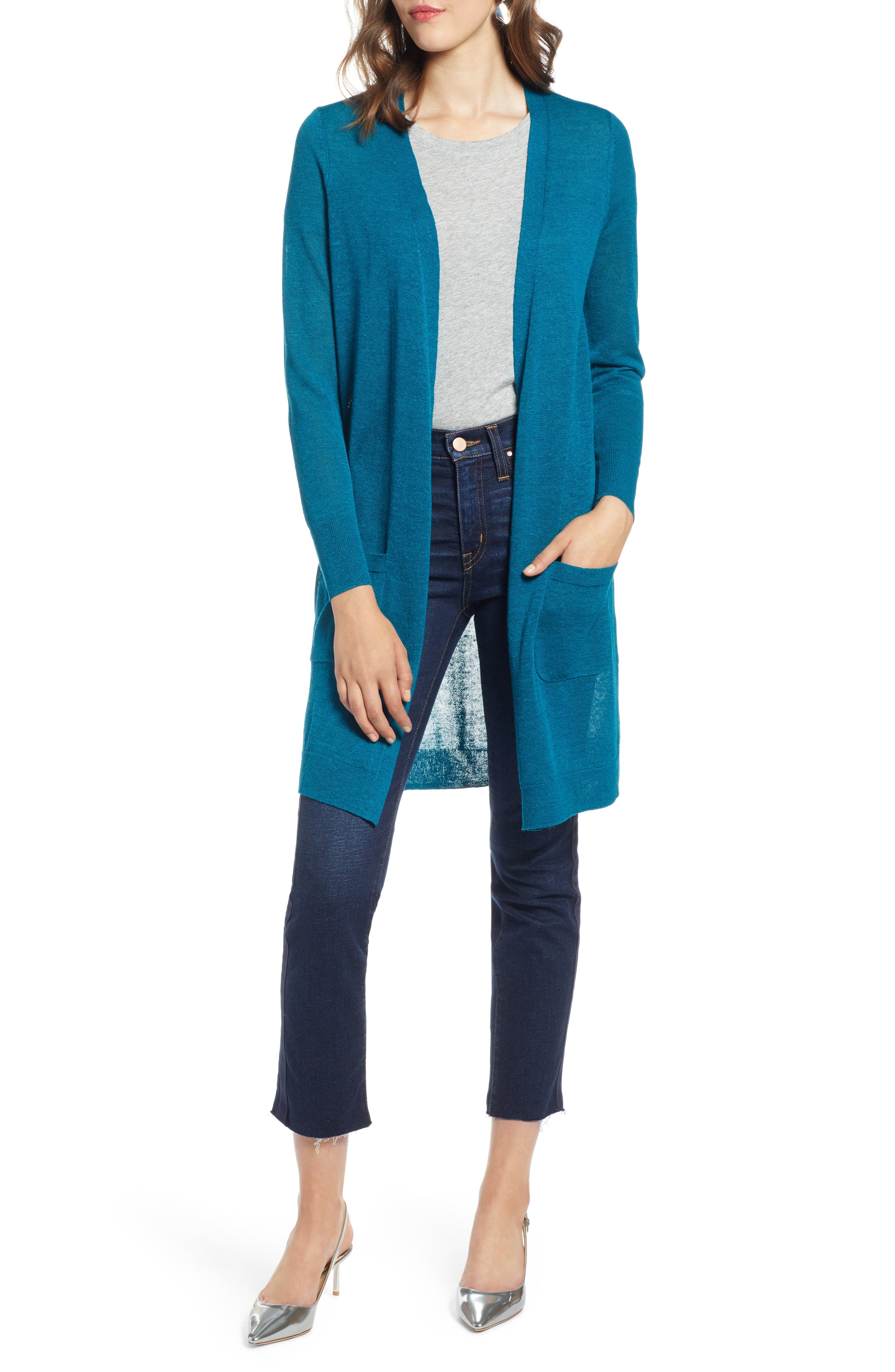 Halogen Long Linen Blend Cardigan, Blue/green
