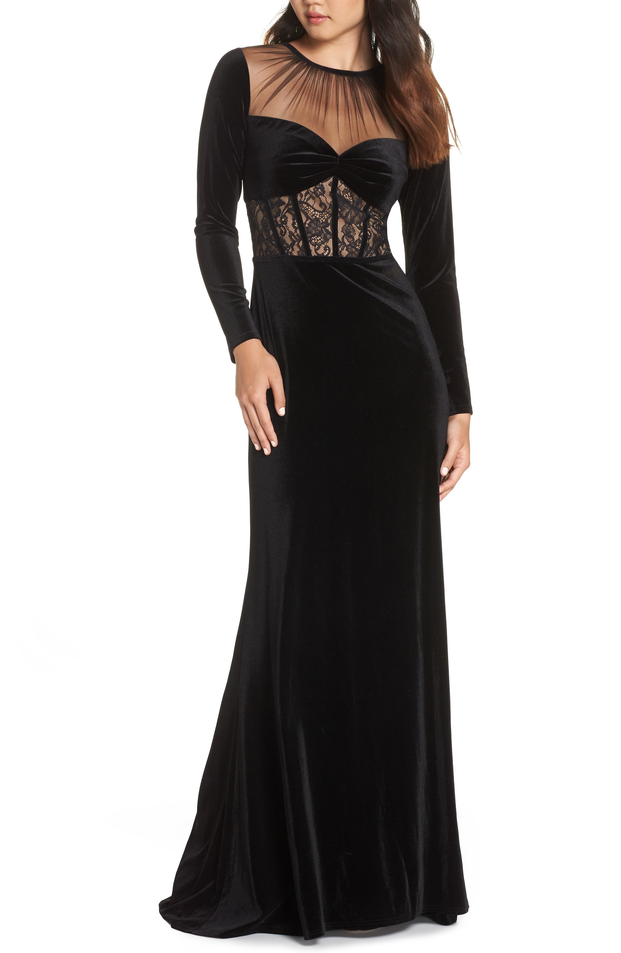 Tadashi Shoji Lace & Velvet Gown, Black