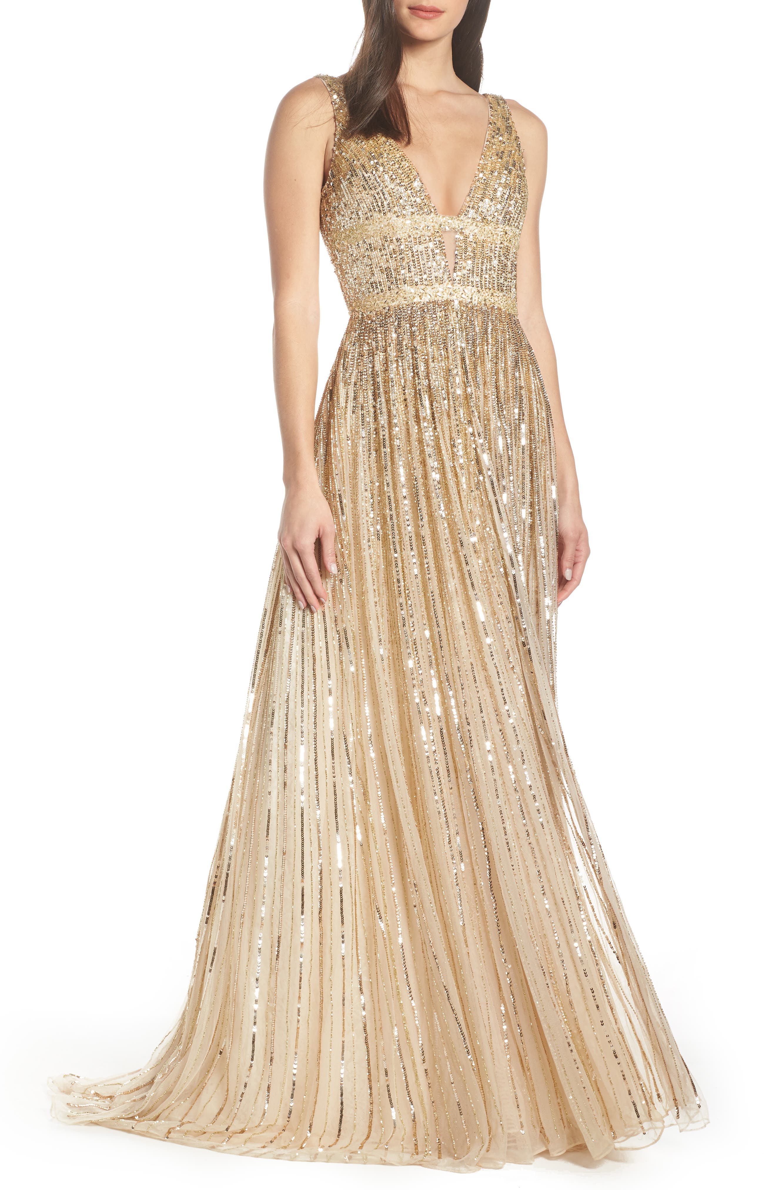 MAC Duggal Deep V-Neck Sequin Stripe Gown, Metallic