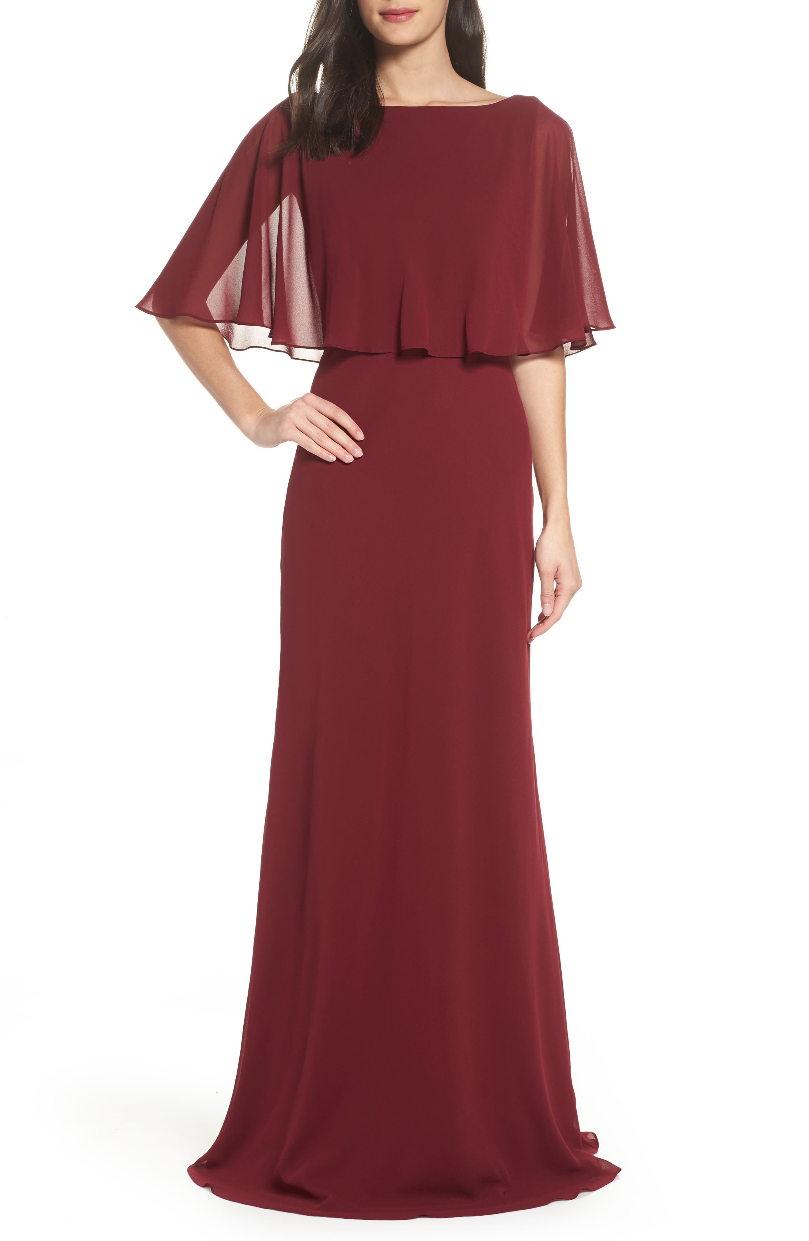 La Femme Popover Chiffon Gown, Red
