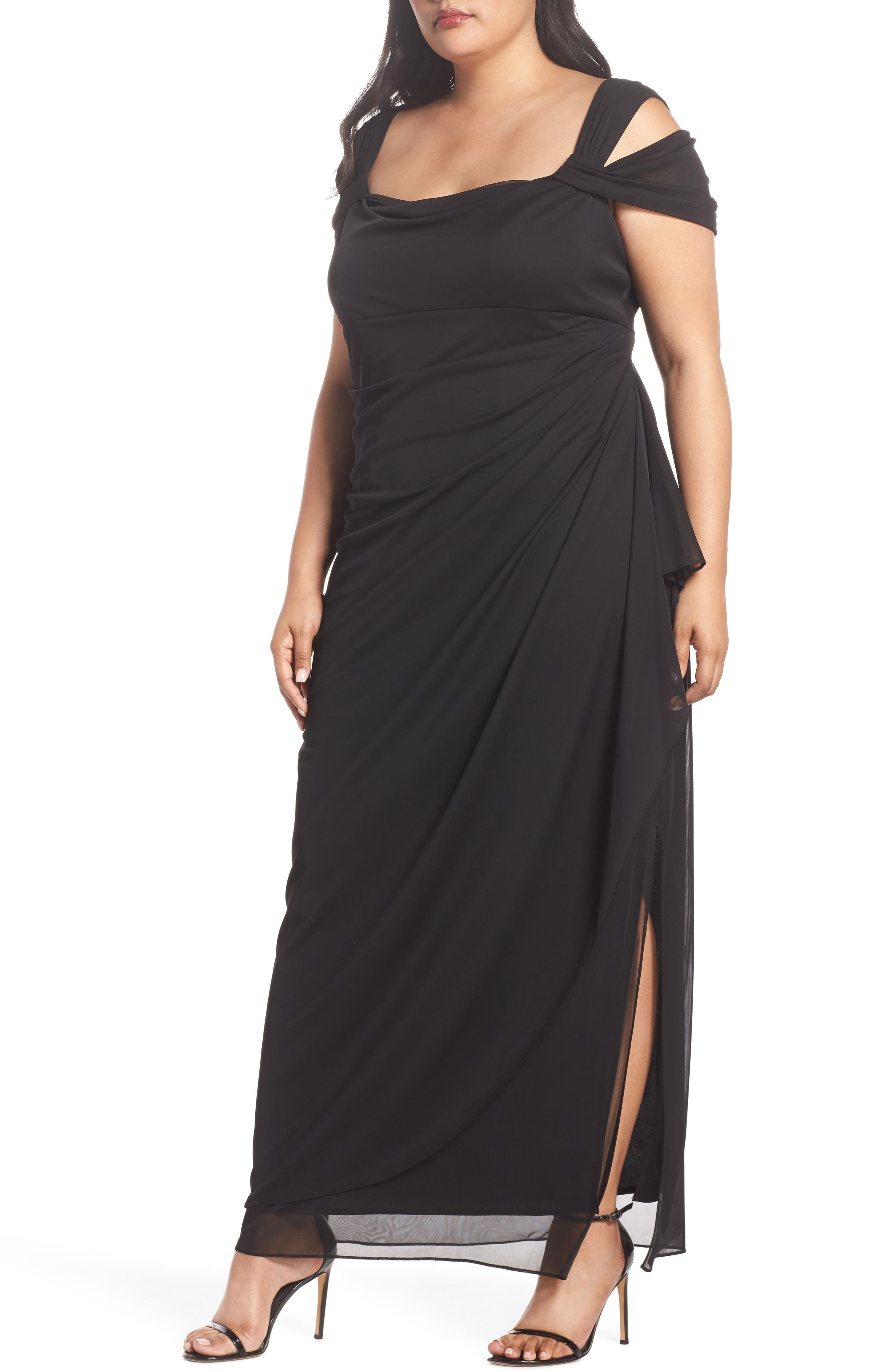 Plus Size Alex Evenings Cold Shoulder Mesh Gown, Black