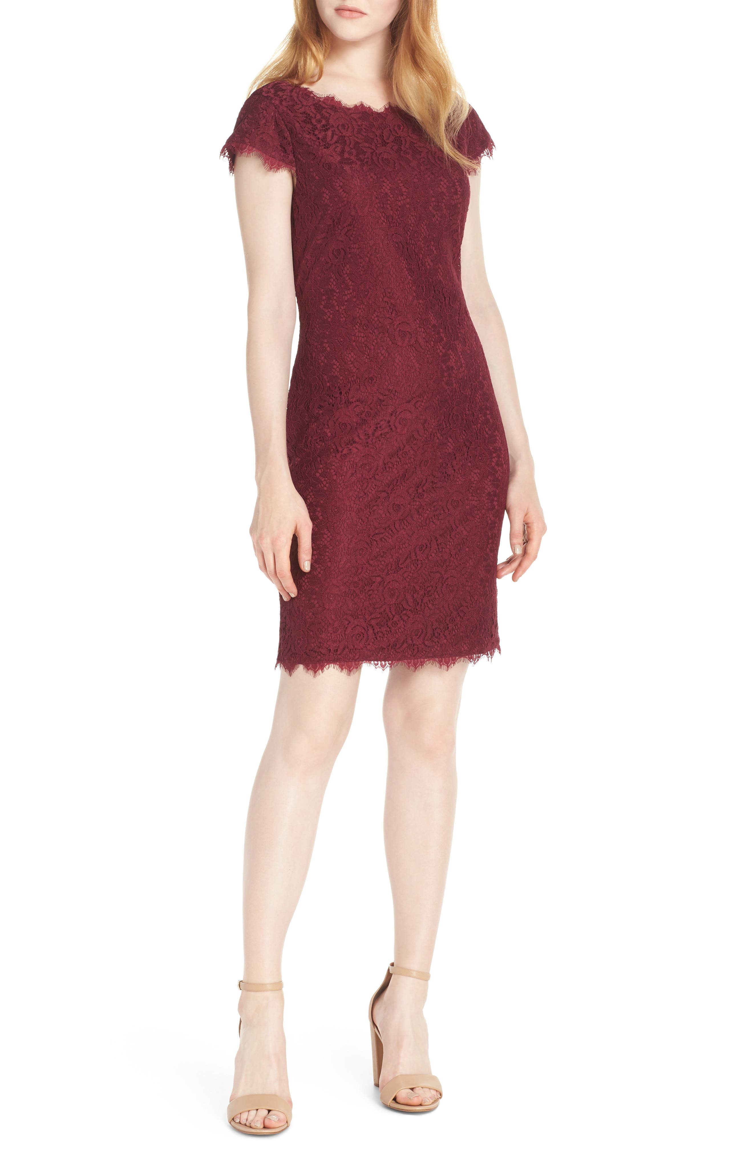 Eliza J Cap Sleeve Lace Sheath Dress, Burgundy