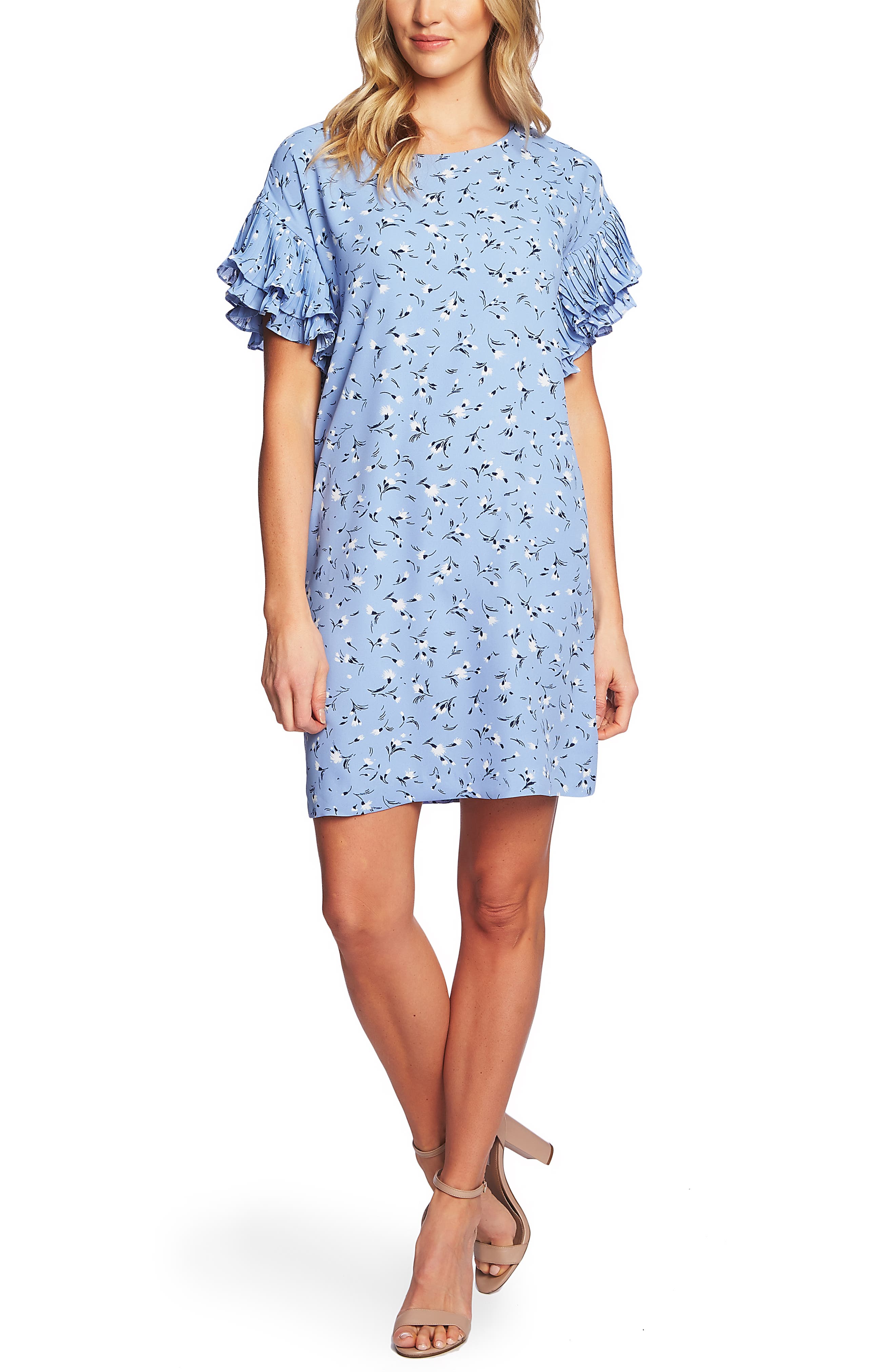 Cece Pleat Sleeve A-Line Dress, Blue
