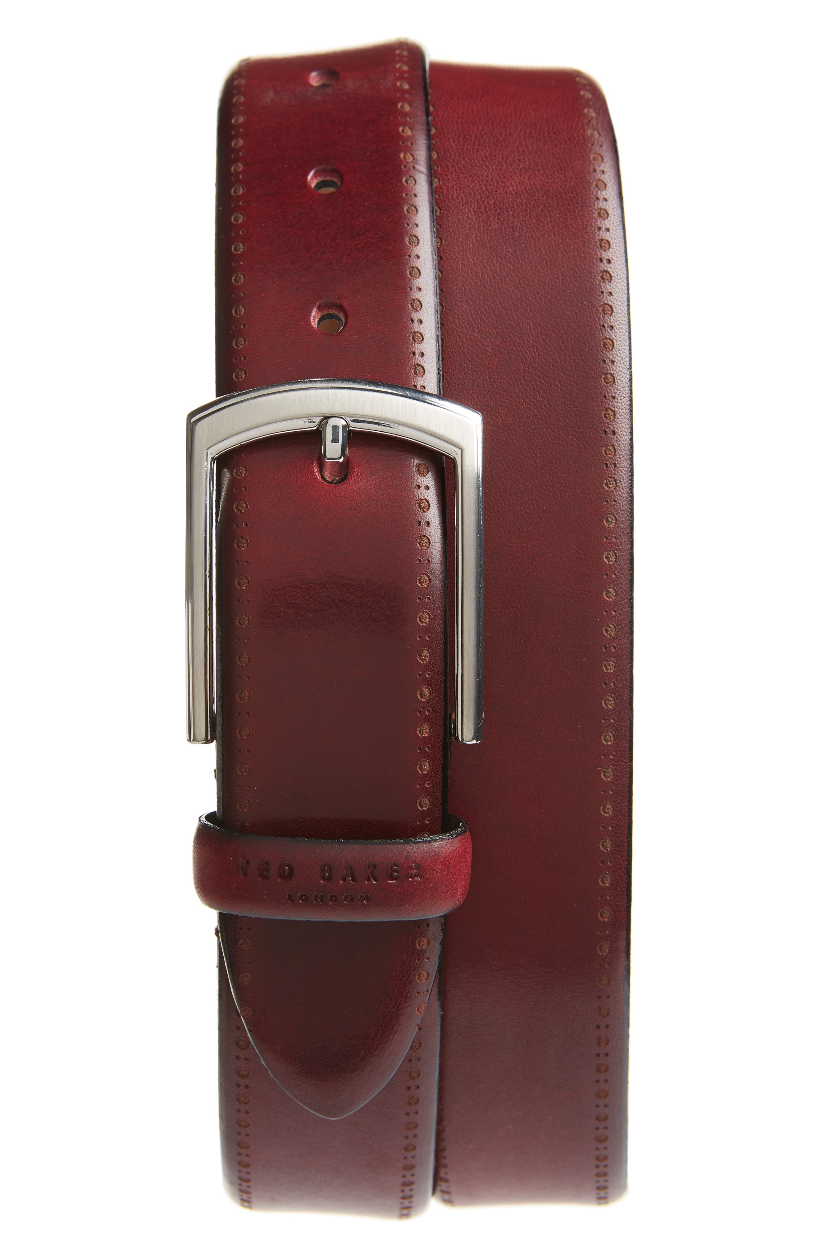 Ted Baker London Burnished Brogue Leather Belt, Red