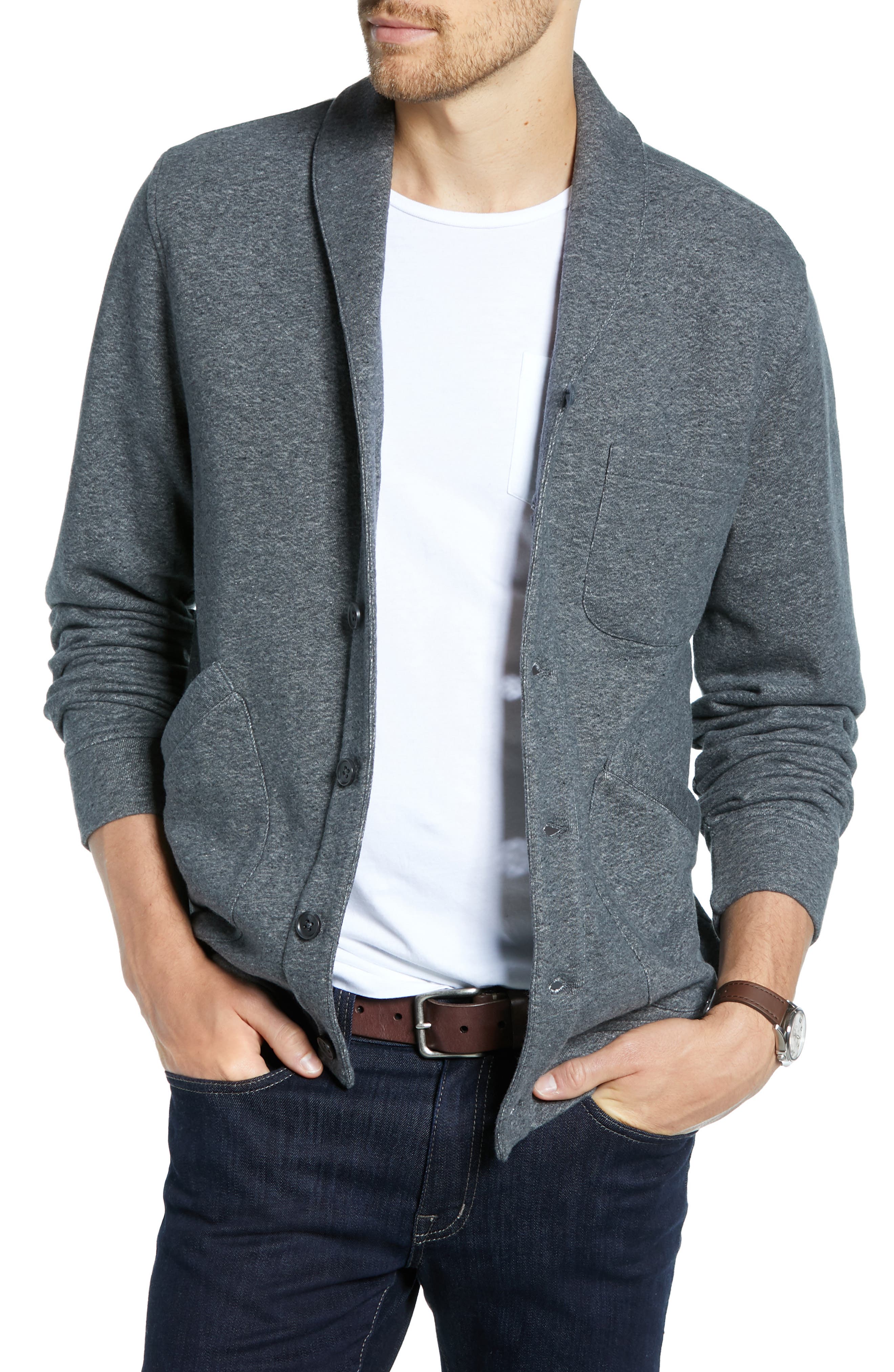 1901 Regular Fit Nep Terry Shawl Cardigan, Grey