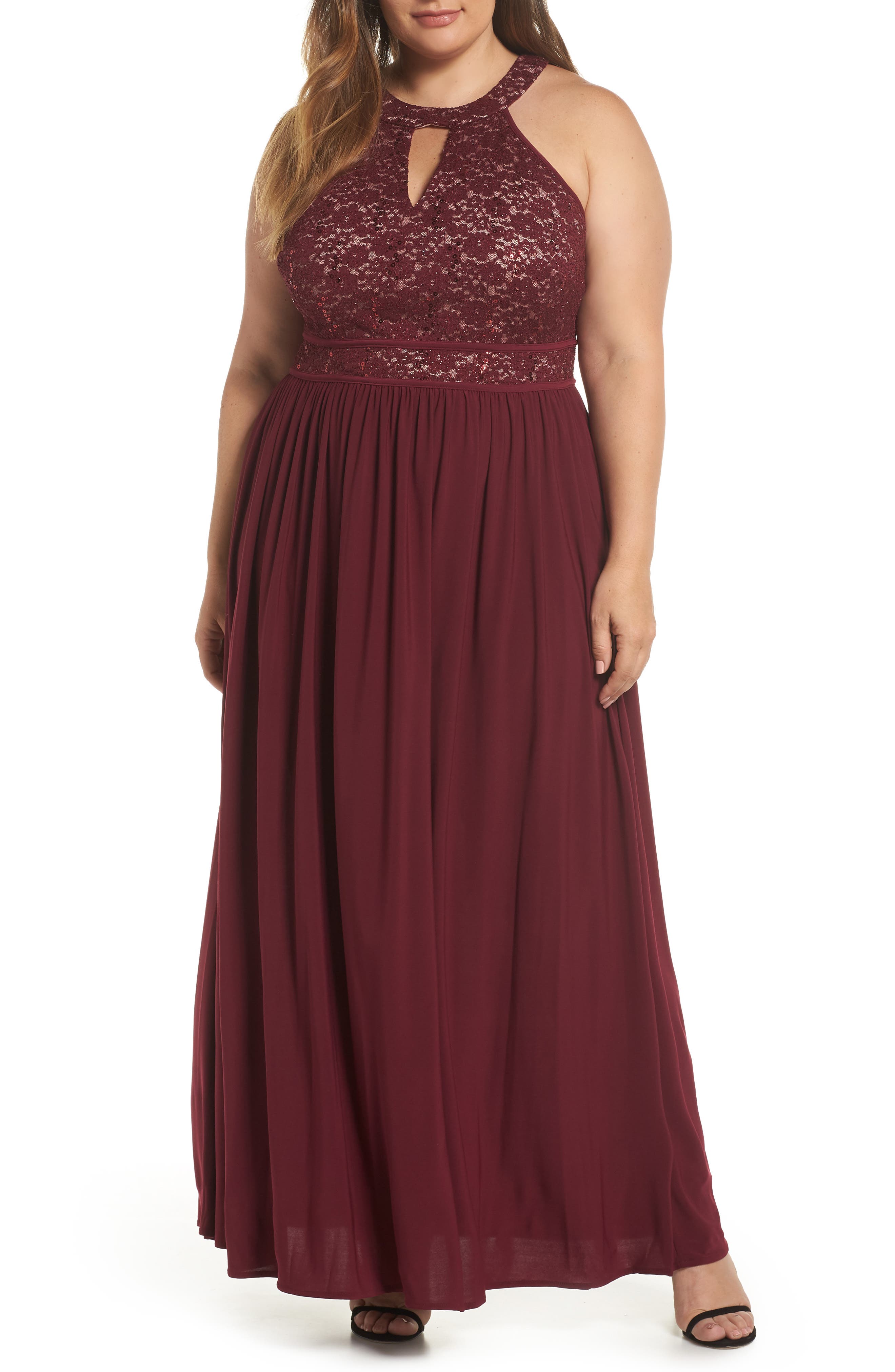 Plus Size Morgan & Co. Lace Halter Gown, Red