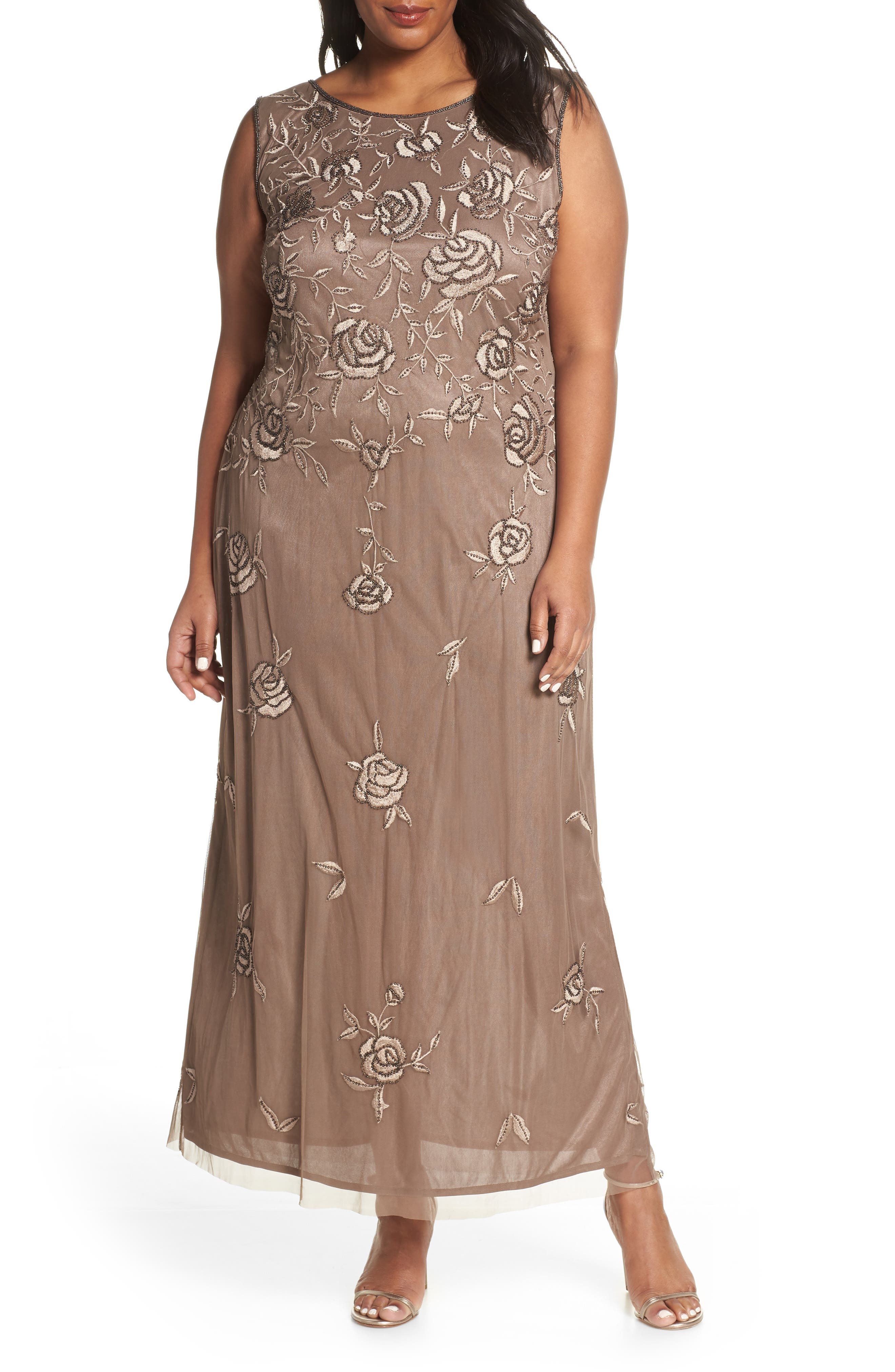 Plus Size Pisarro Nights Rose Embroidered & Beaded Evening Dress, Brown
