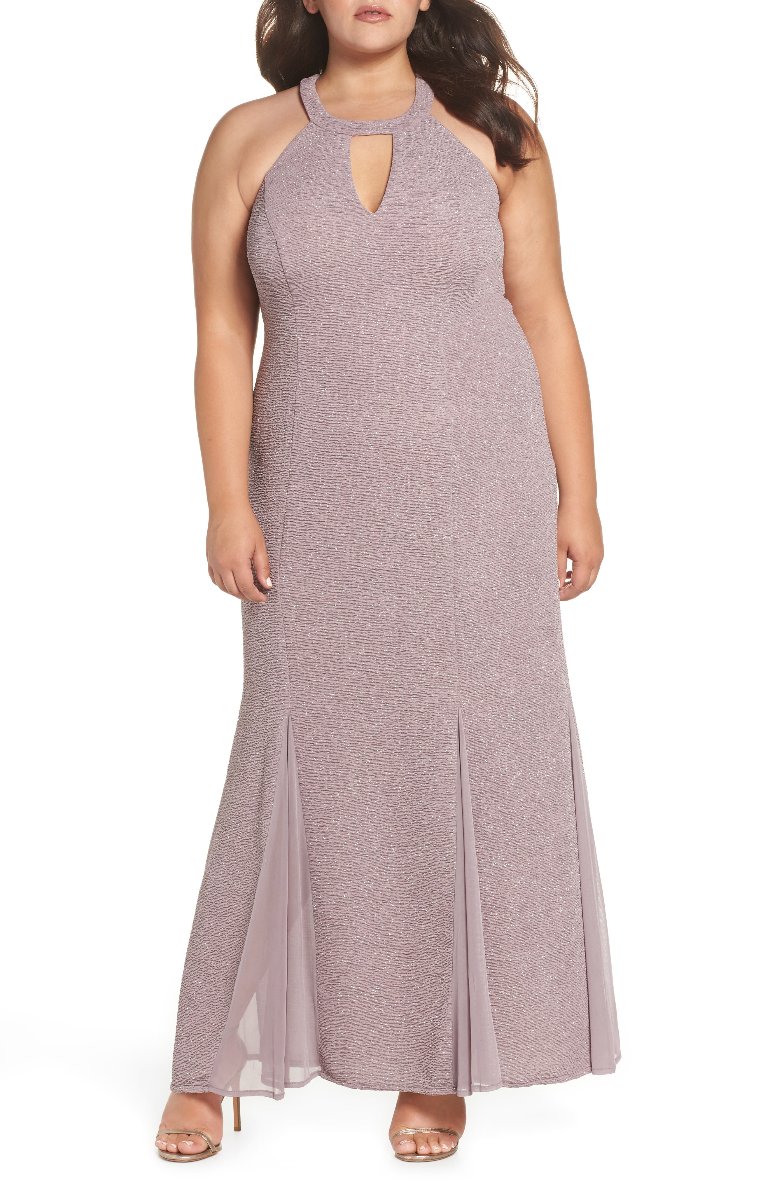 Plus Size Morgan & Co. Keyhole Glitter Knit Trumpet Gown, Beige