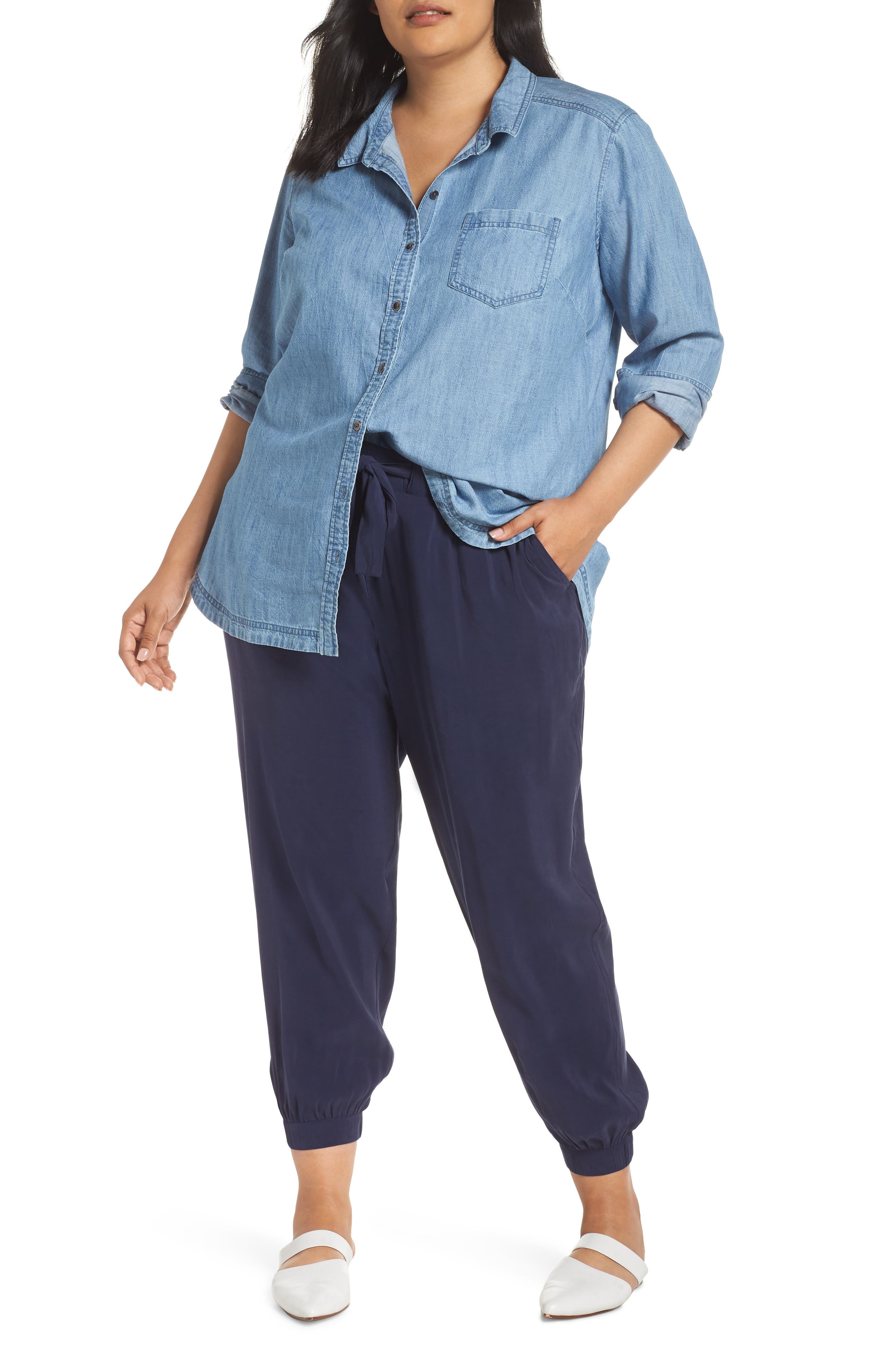 Caslon® Button Front Chambray Shirt (Plus Size) Nordstrom