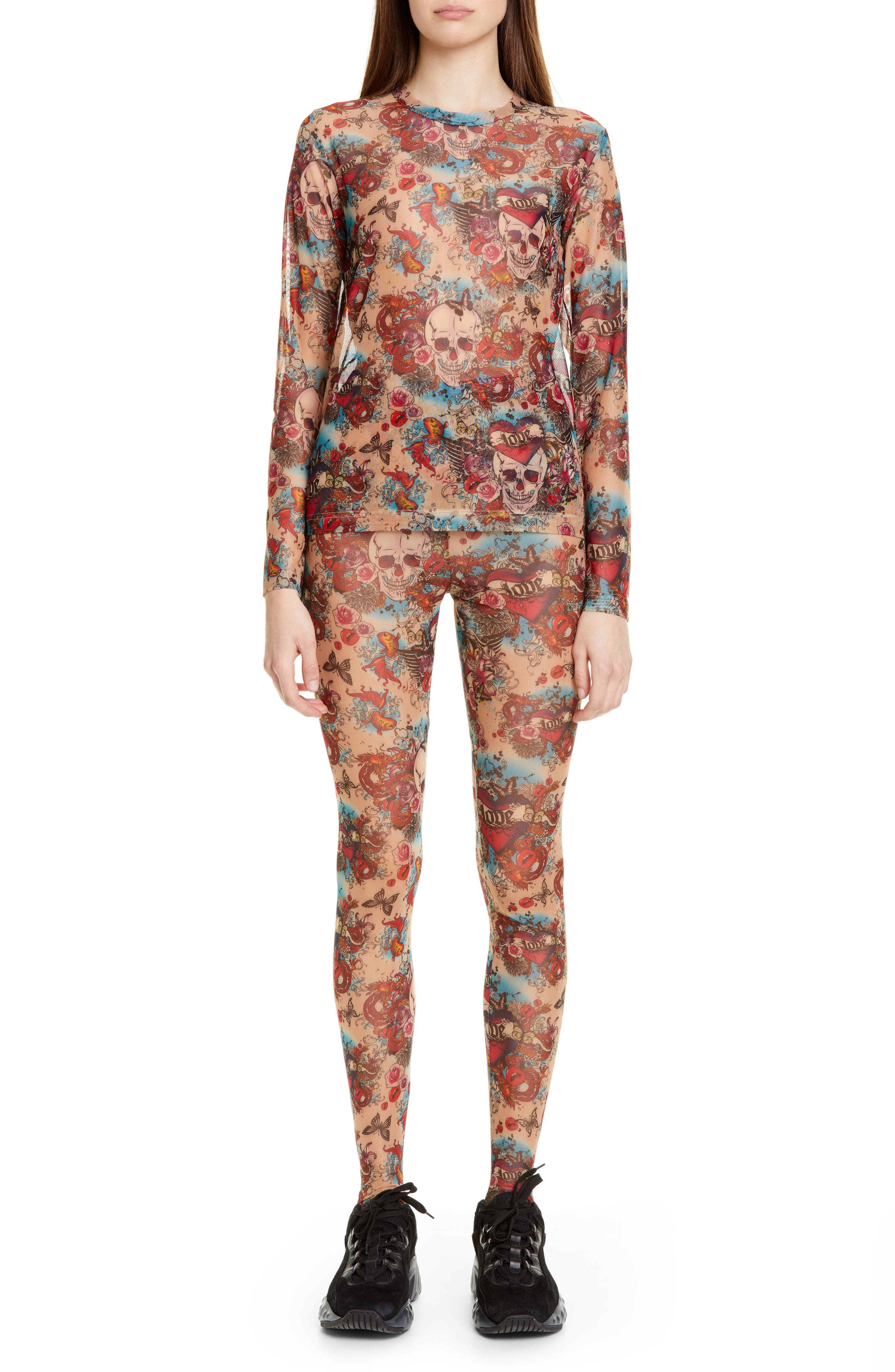Comme Des Garcons Skull Tattoo Print Mesh Top & Leggings Set, None