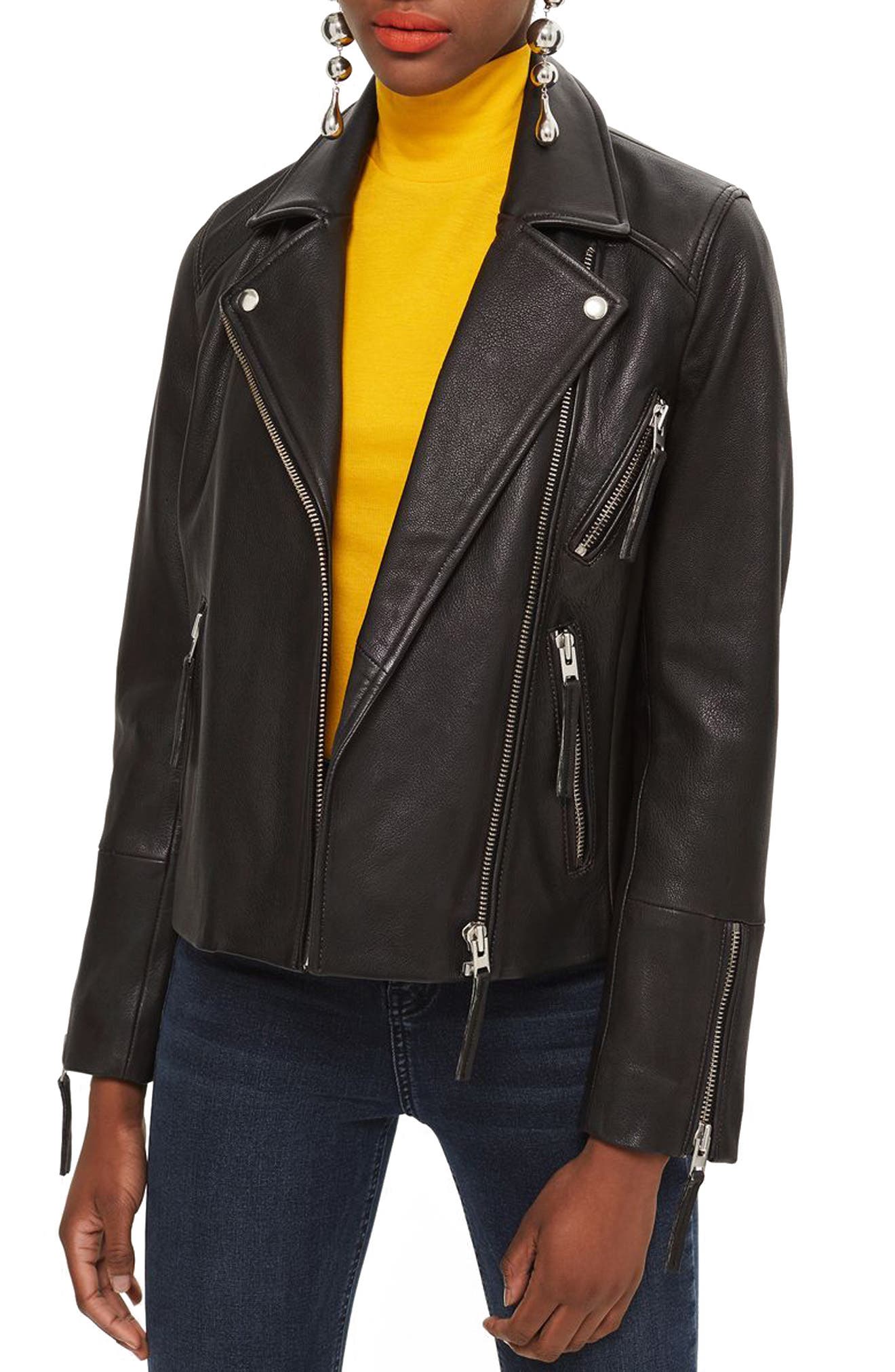 Dolly Leather Biker Jacket,                         Main,                         color, BLACK