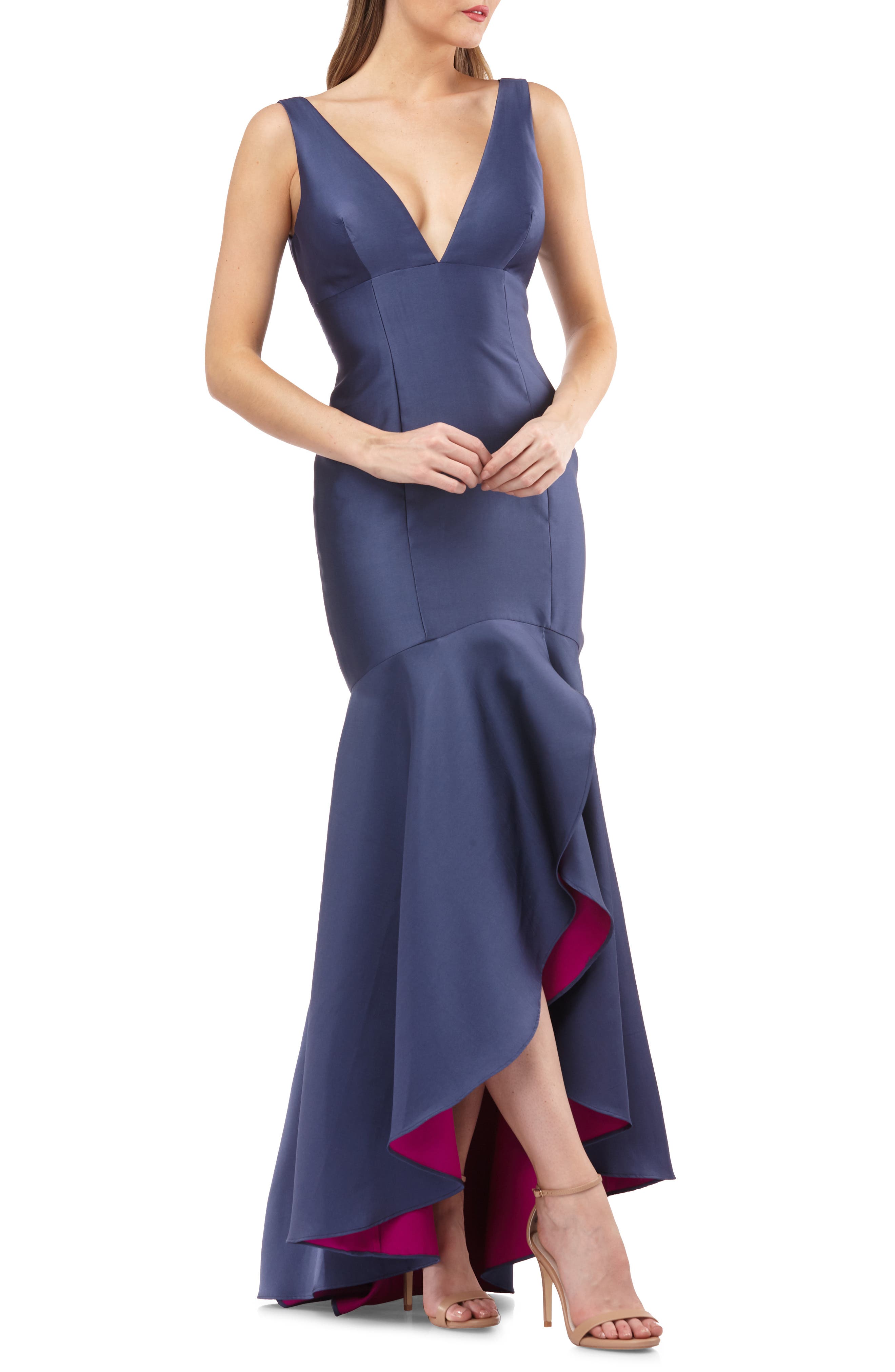 Carmen Marc Valvo Infusion Satin High/low Evening Dress, Blue