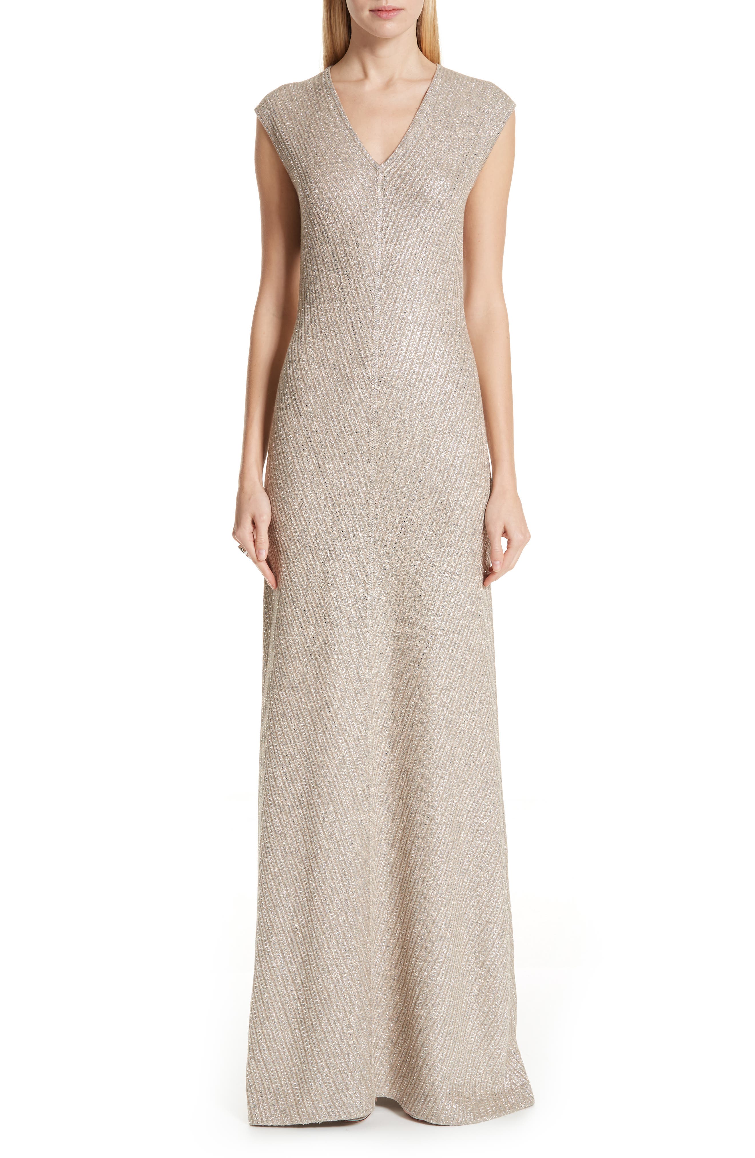 St. John Collection Brielle Knit V-Neck Gown, Beige