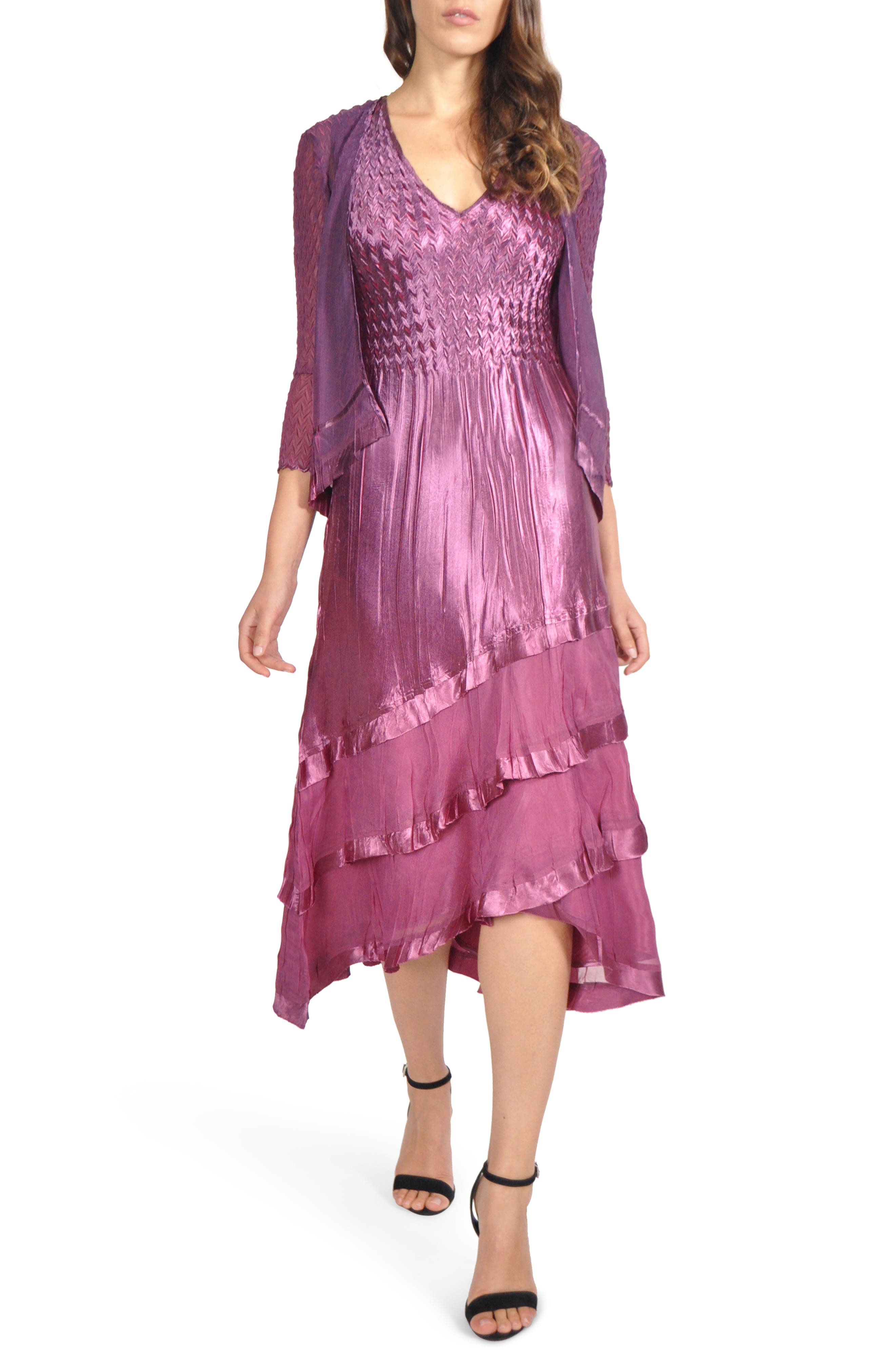 Petite Komarov Tiered Hem Dress With Jacket, Purple