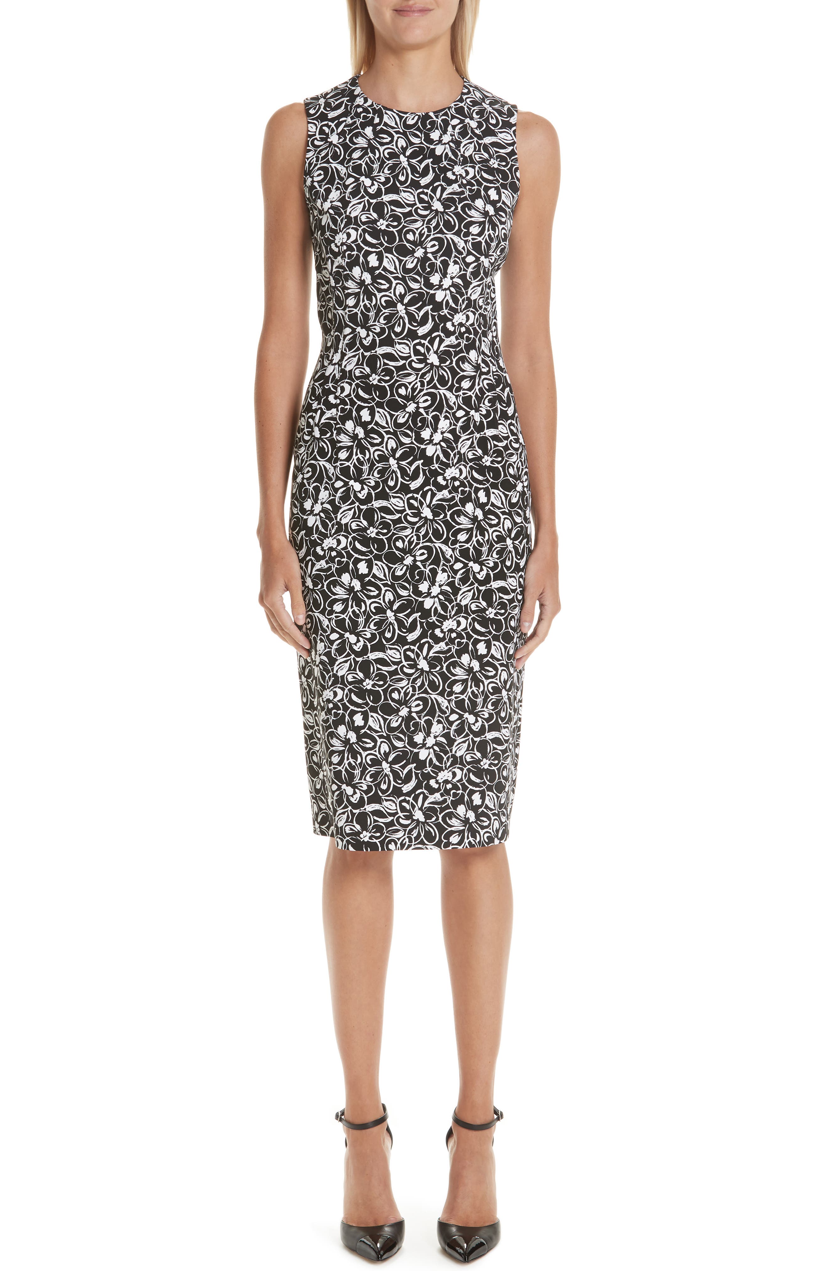 Michael Kors Painterly Floral Stretch Cady Sheath Dress, Black