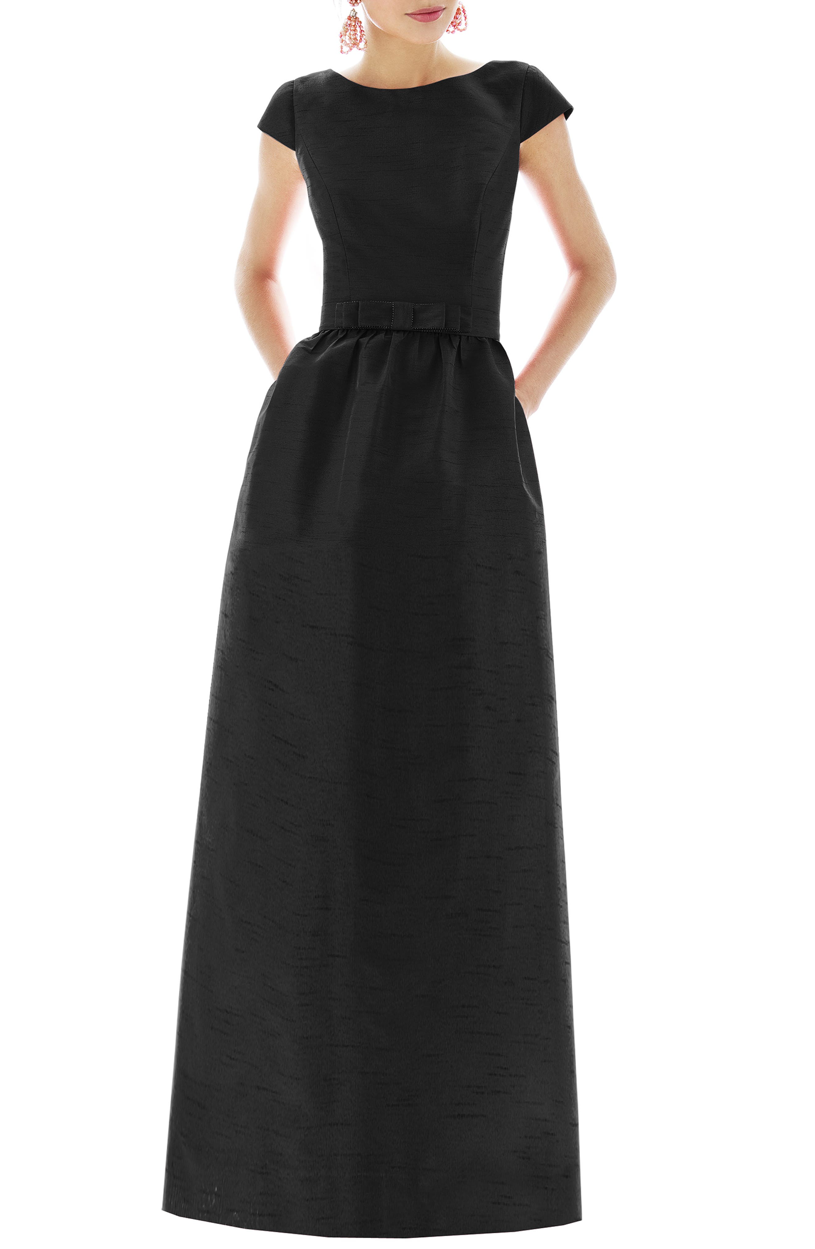 Alfred Sung Cap Sleeve Dupioni Full Length Dress, Black