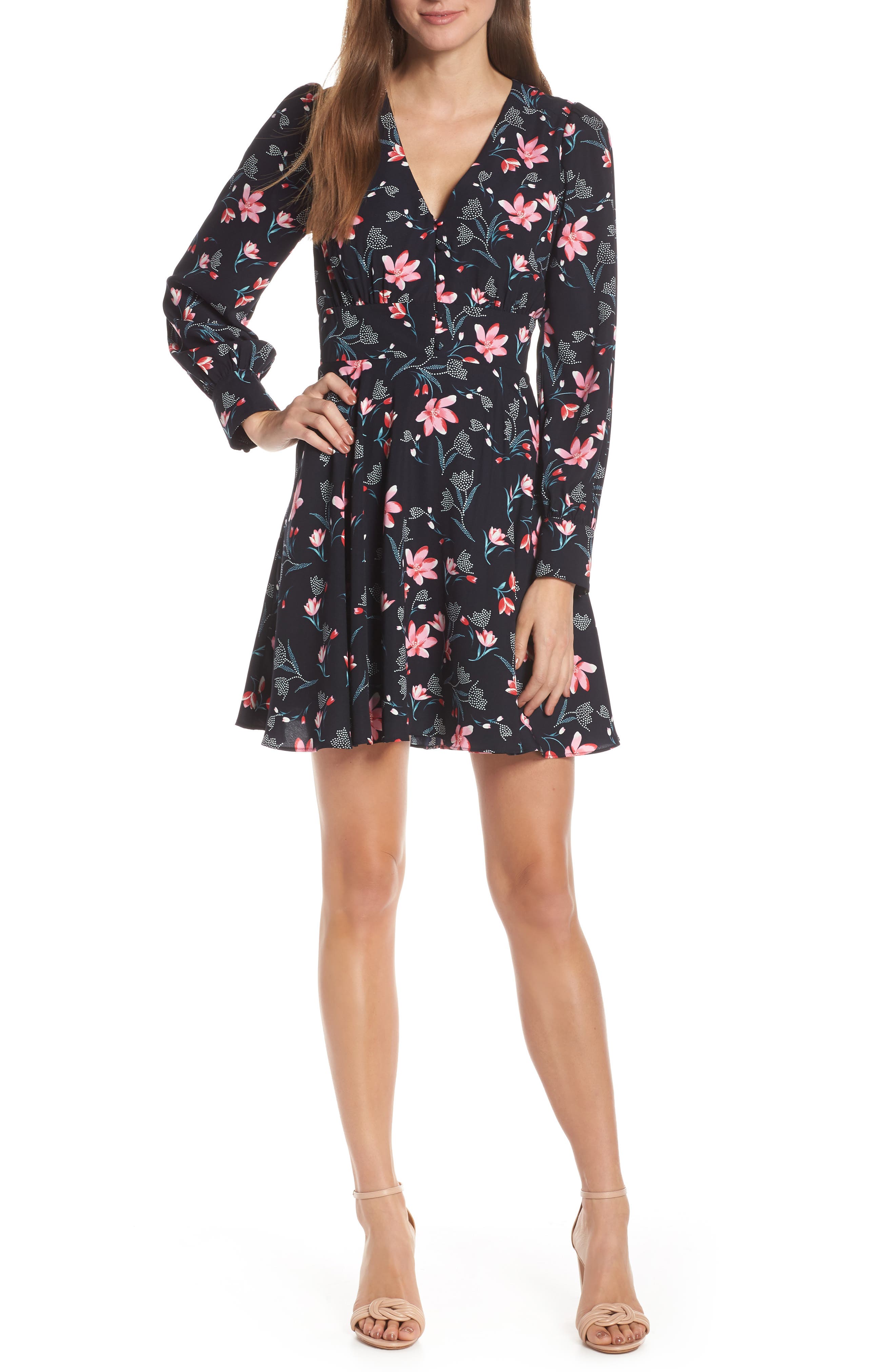 Adelyn Rae Julie Button Detail Fit & Flare Dress, Blue