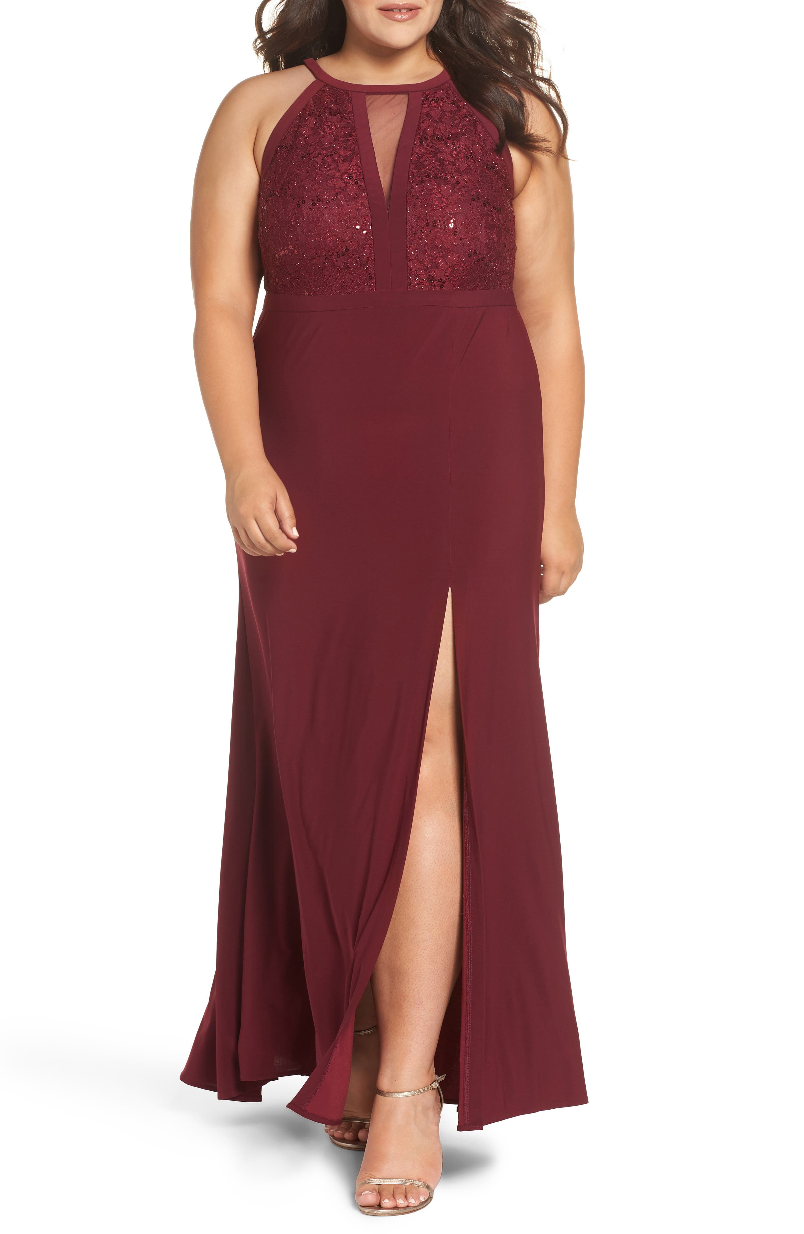 Plus Size Morgan & Co. Illusion Sparkle Lace & Knit Gown, Red