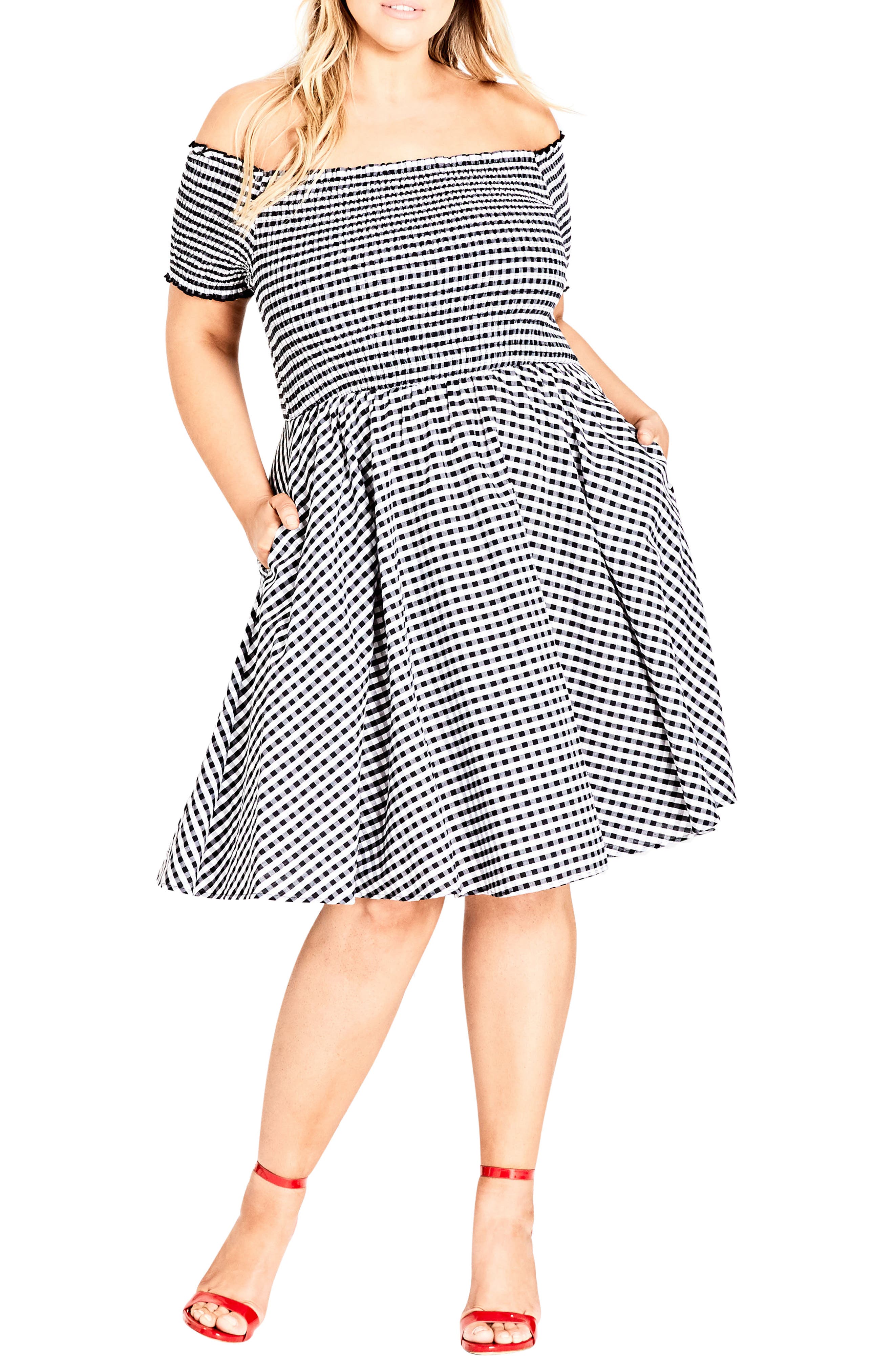 Plus Size City Chic Gingham Off The Shoulder Fit & Flare Dress, White