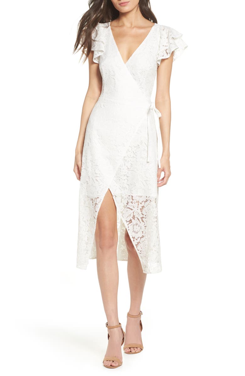 Ruffle Sleeve Wrap Lace Midi Dress, Main, color, WHITE