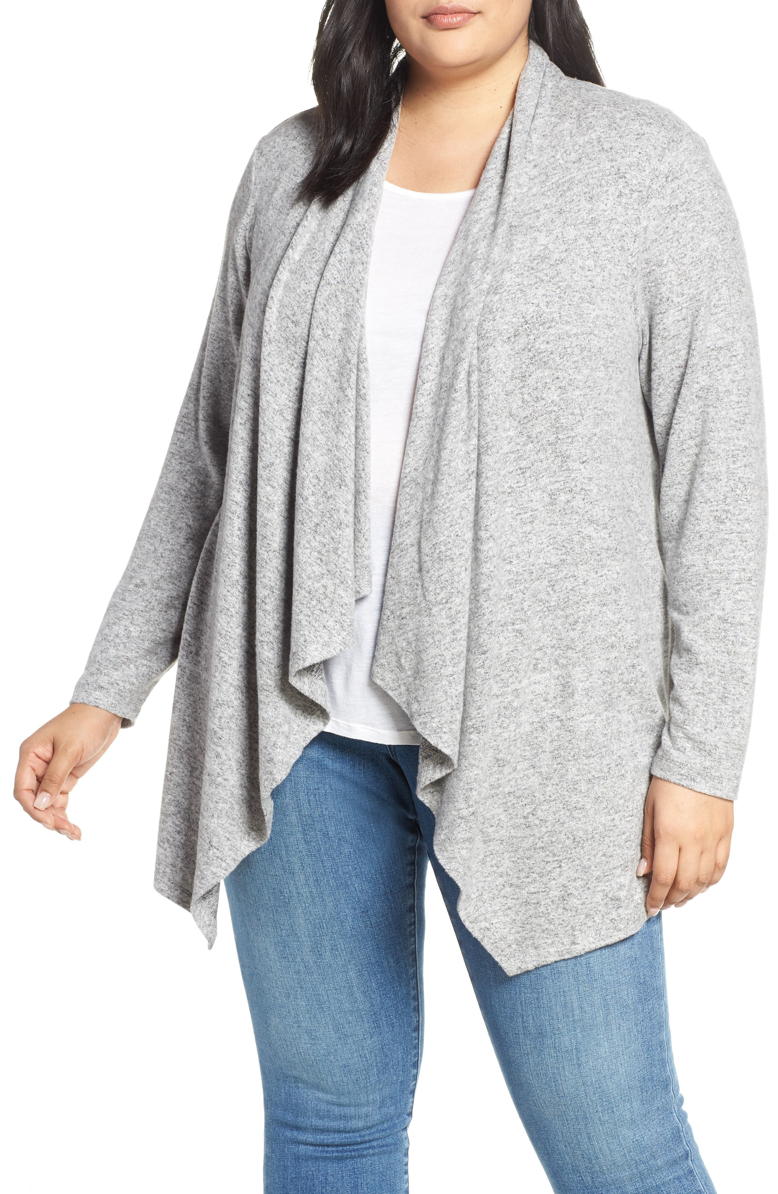 Plus Size Bobeau Amie Waterfall Cardigan, Grey
