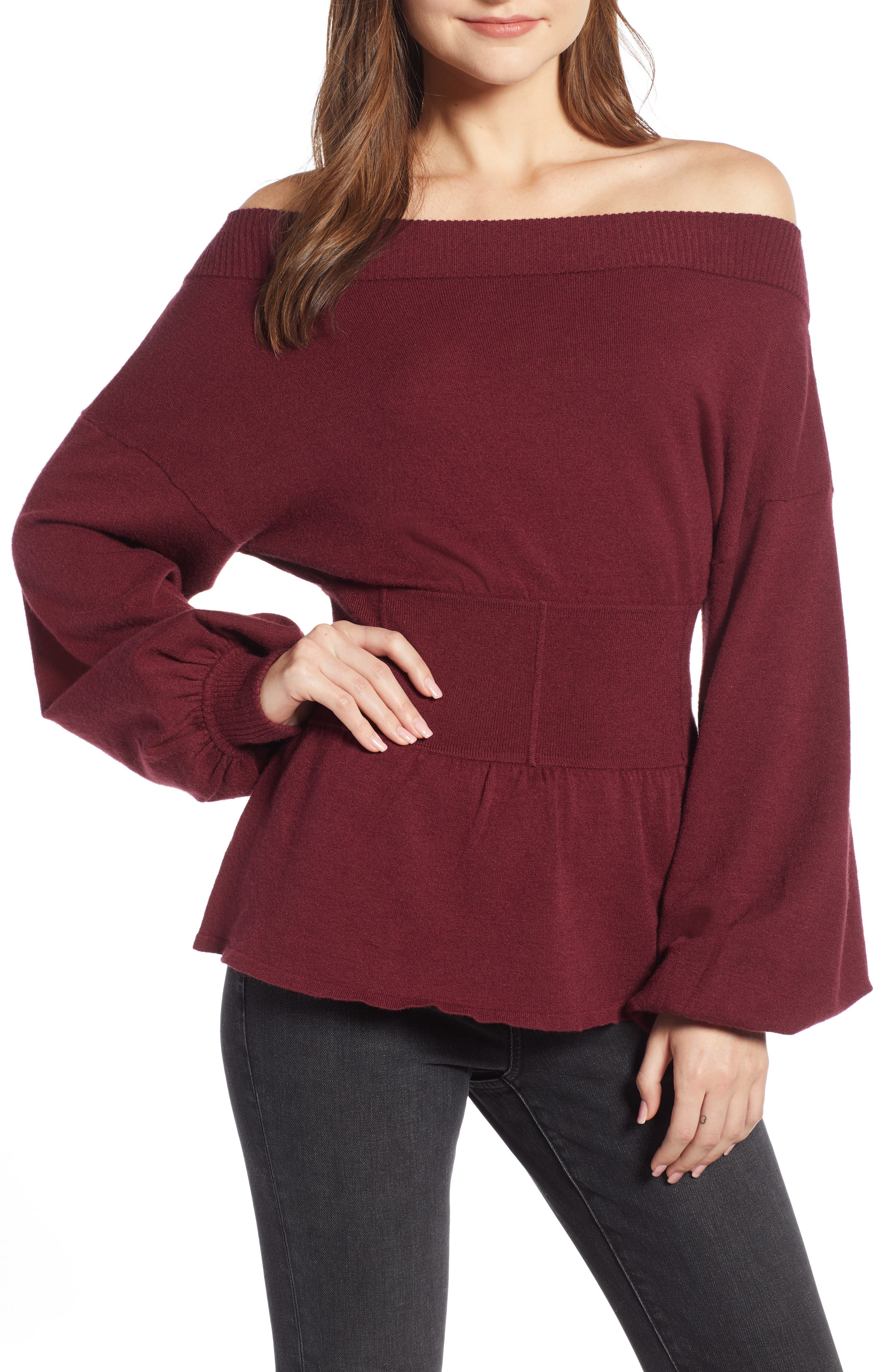 Something Navy Waist Detail Off The Shoulder Sweater, Red