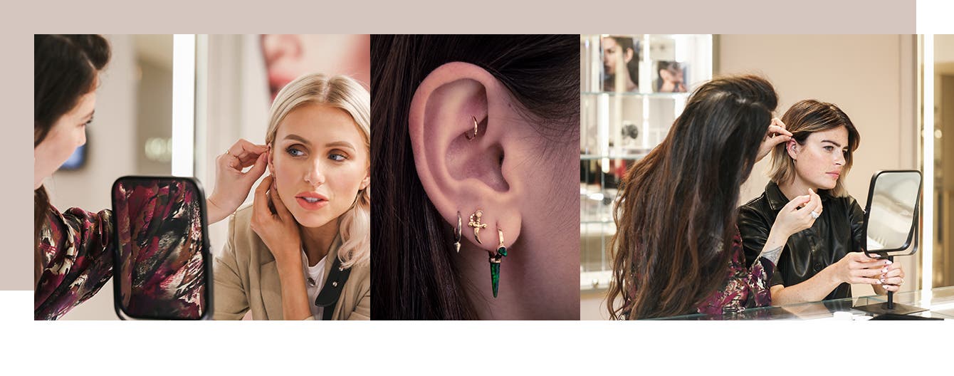 Maria Tash helps clients pick the perfect assortment of jewelry for their ears.