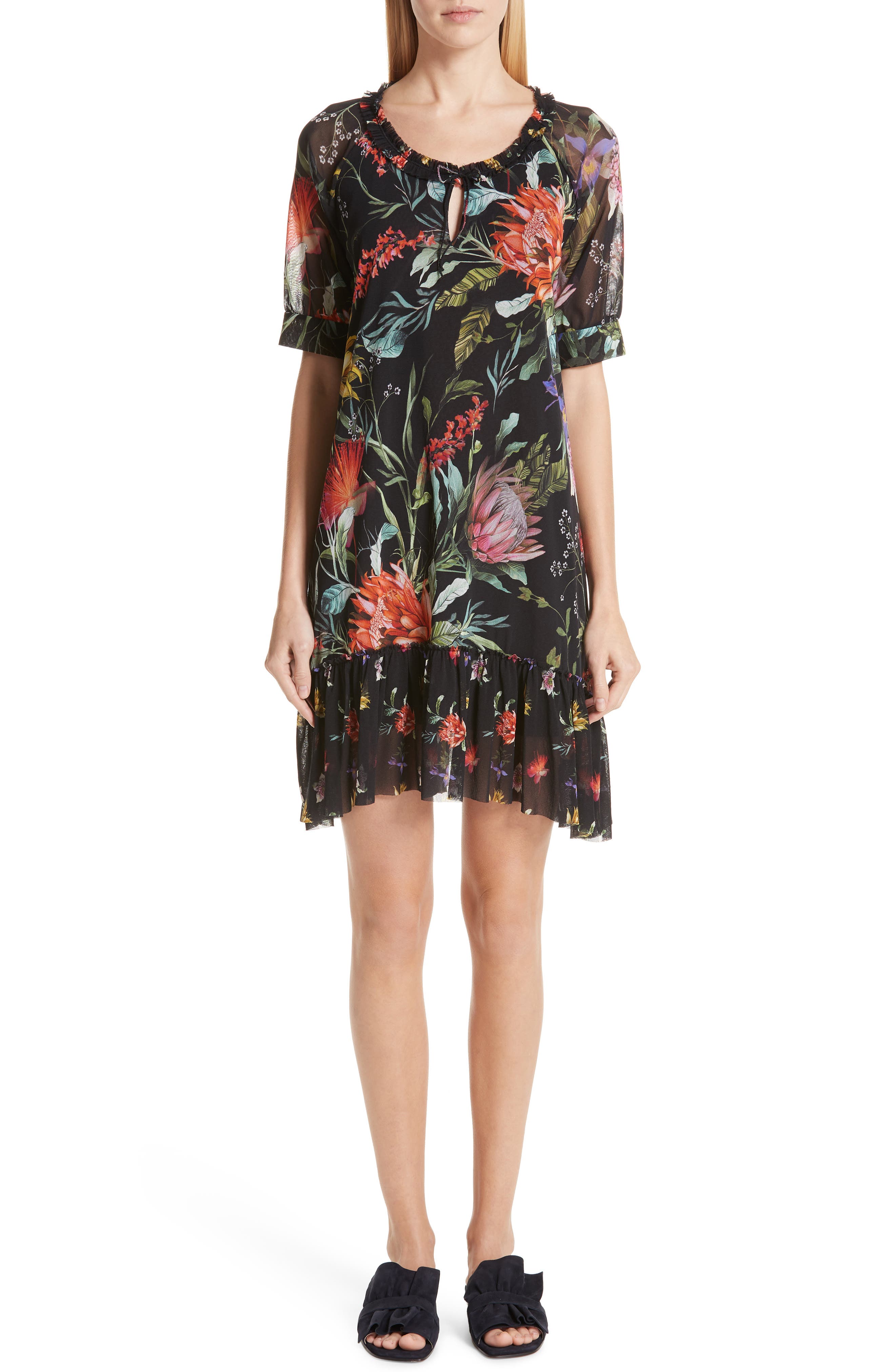 Fuzzi Floral Ruffle Tulle Dress, Black