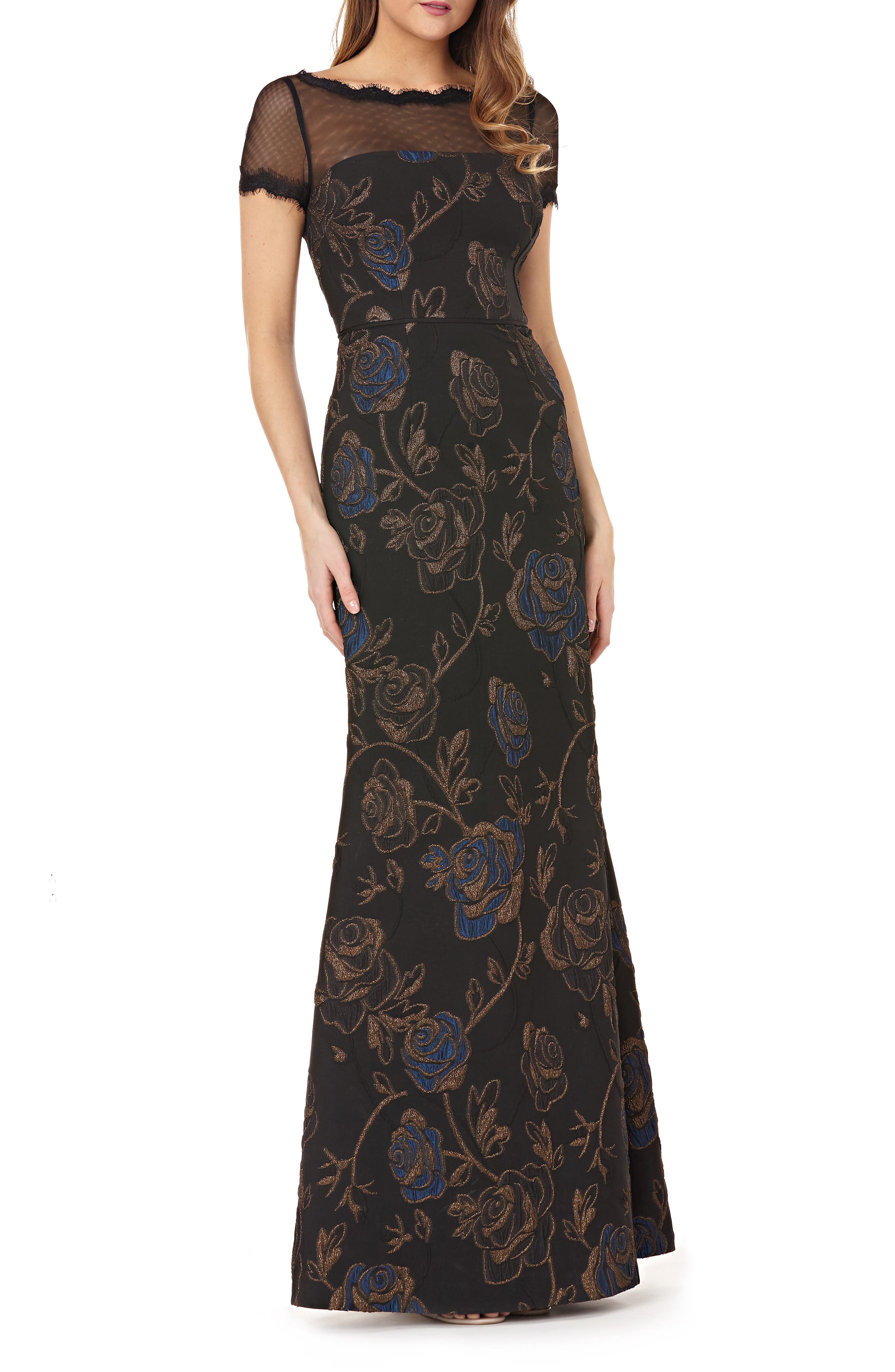 Js Collections Illusion Neck Matelasse Trumpet Gown, Black