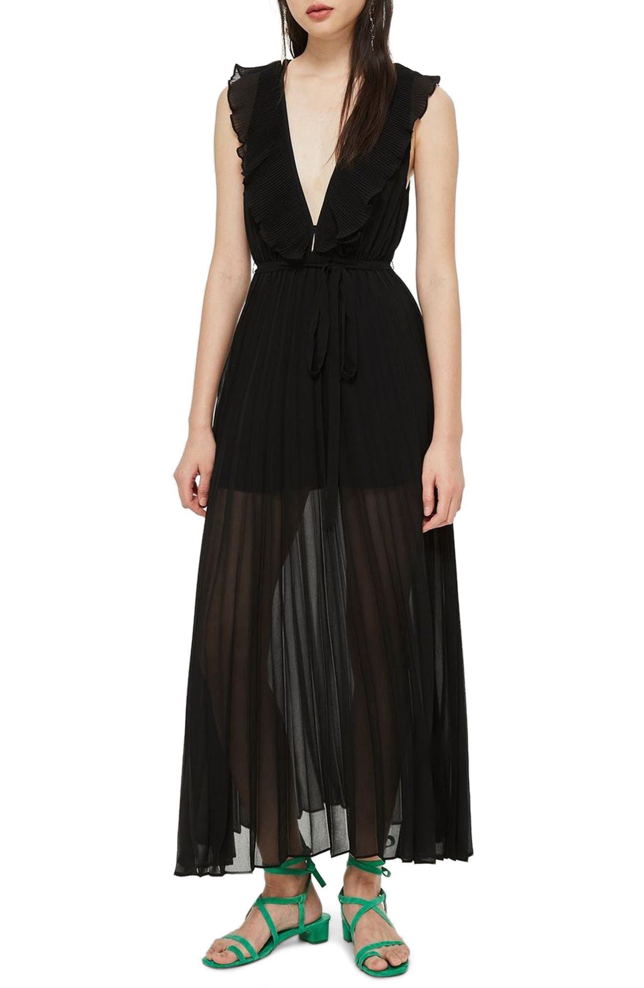 Topshop Pleated Plunge Chiffon Maxi Dress