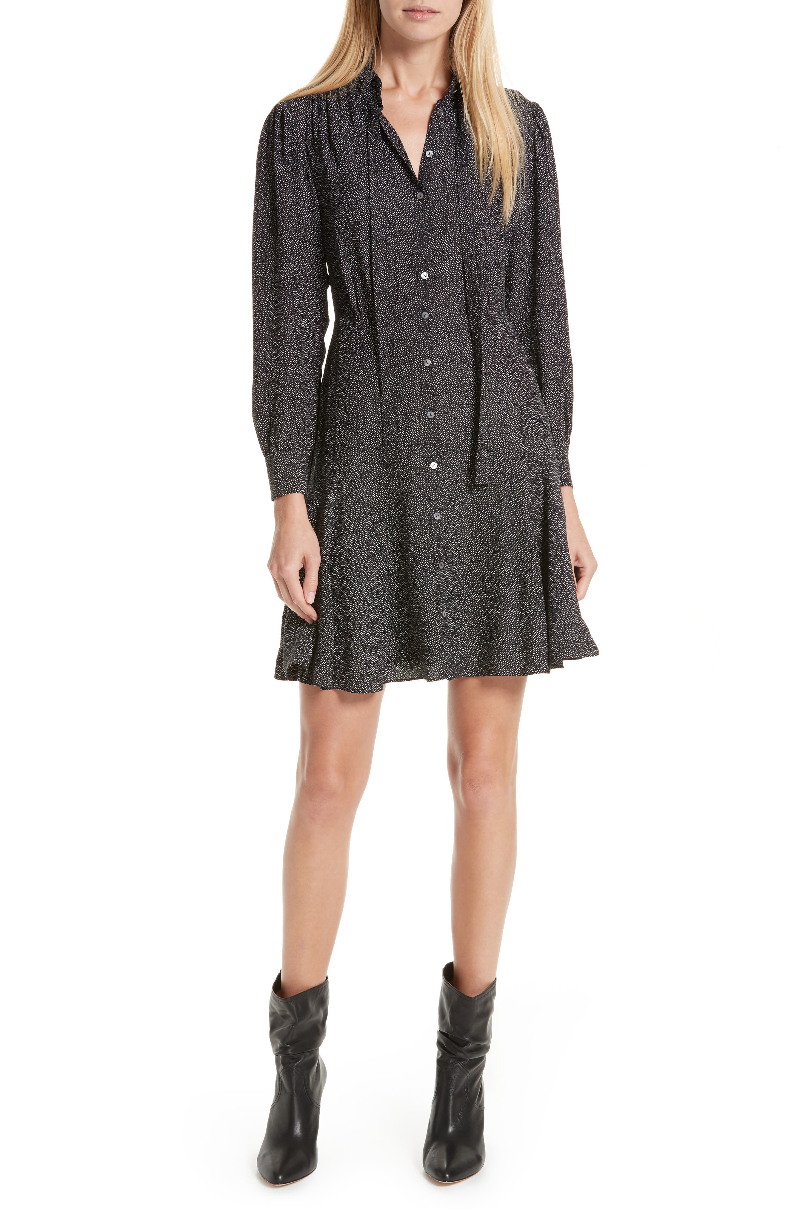 Rebecca Taylor Sprinkle Dot Tie Neck Silk Dress, Black