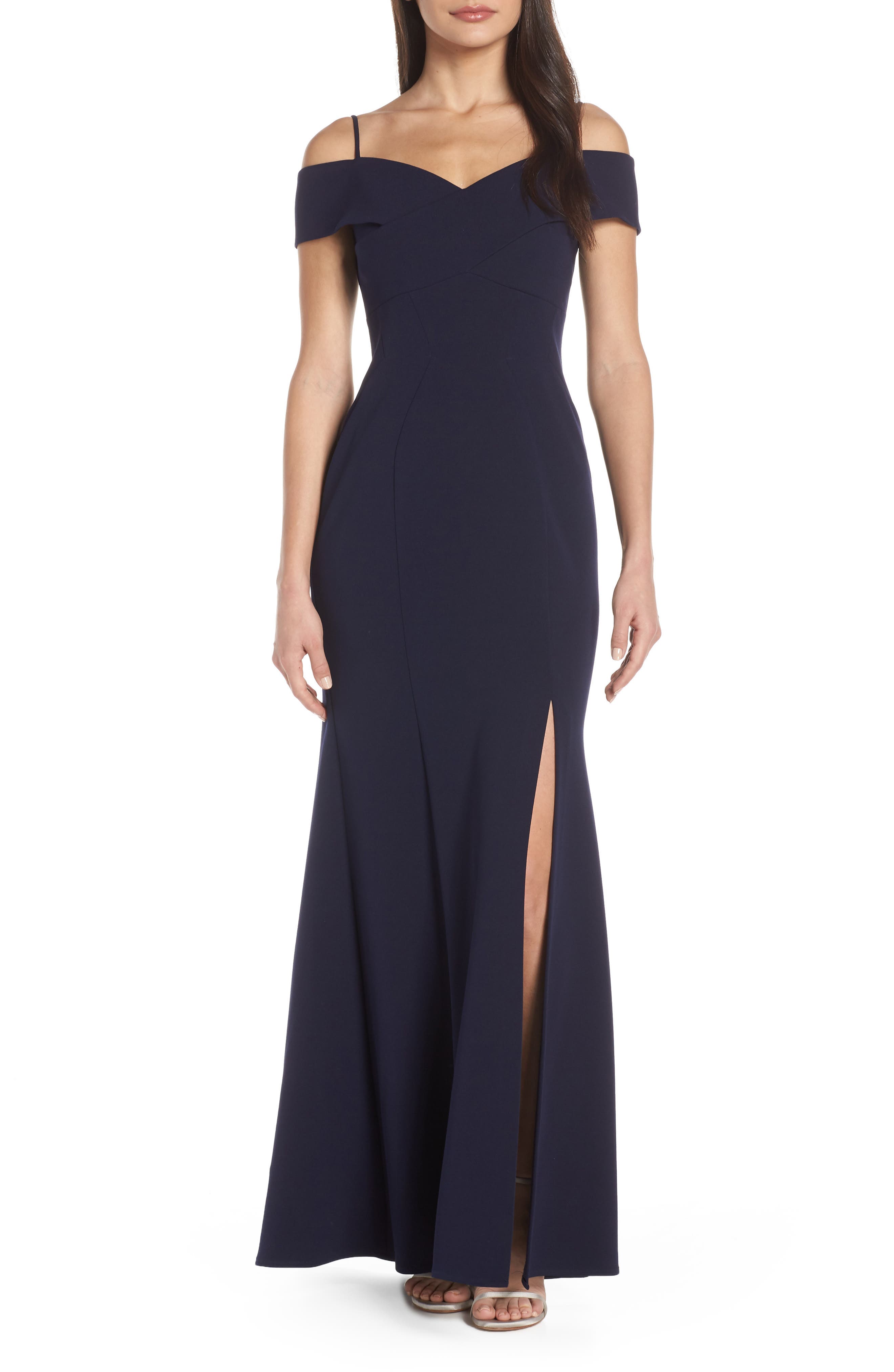 Morgan & Co. Portrait Collar Scuba Crepe Evening Dress, Blue