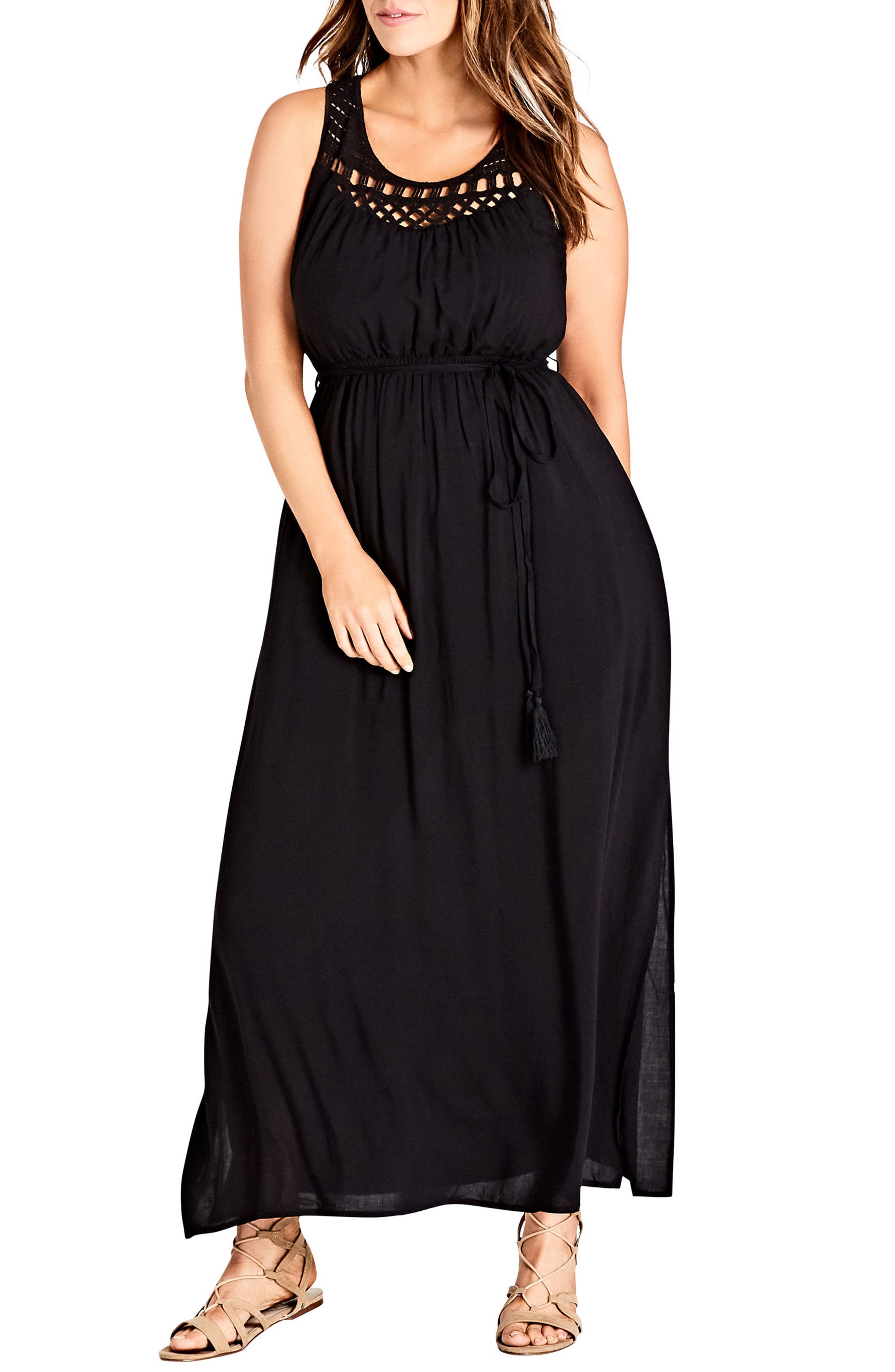 Plus Size City Chic Crochet Tassel Tie Maxi Dress, Black
