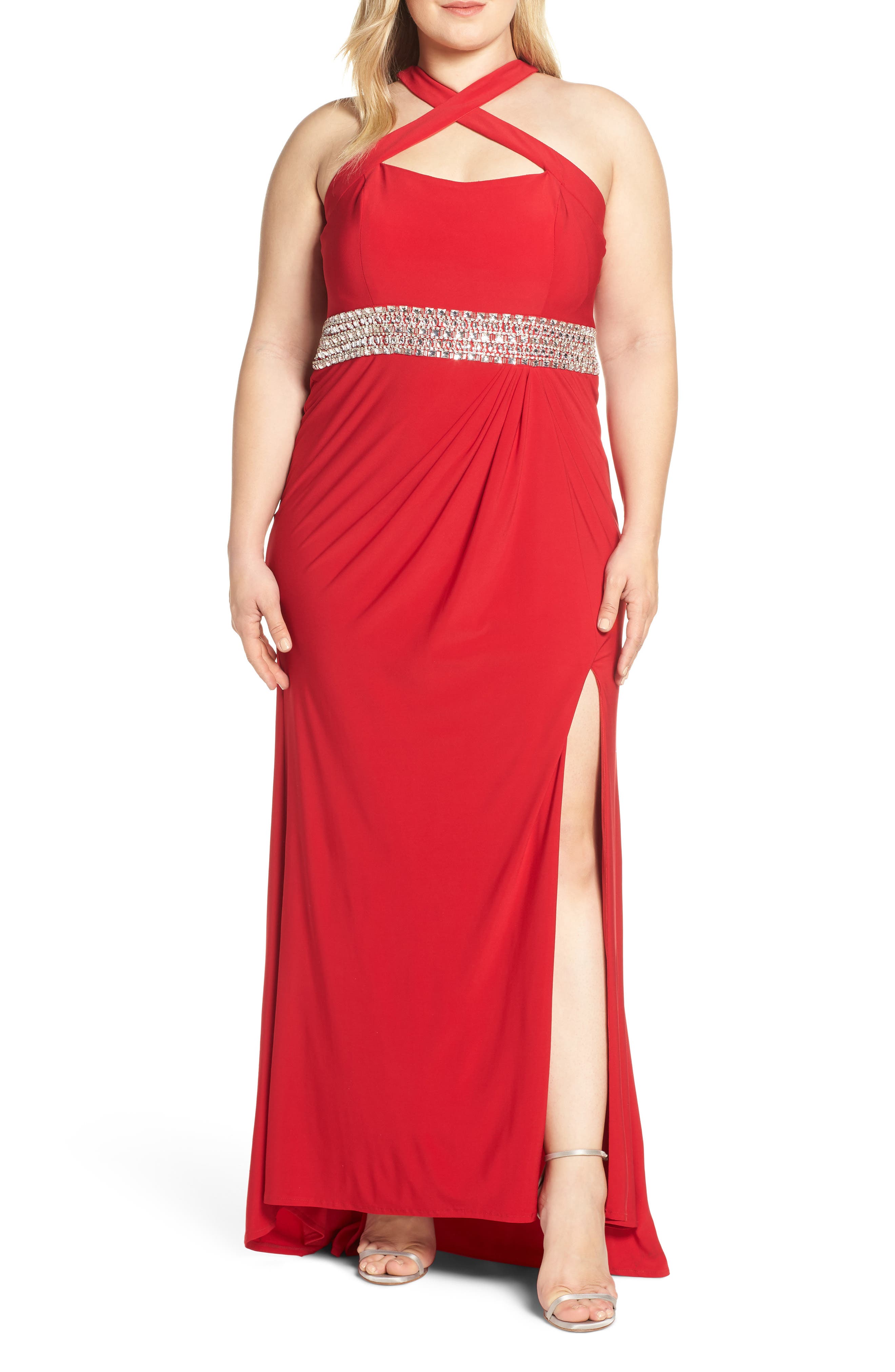 Plus Size MAC Duggal Crisscross Neck Evening Dress, Red