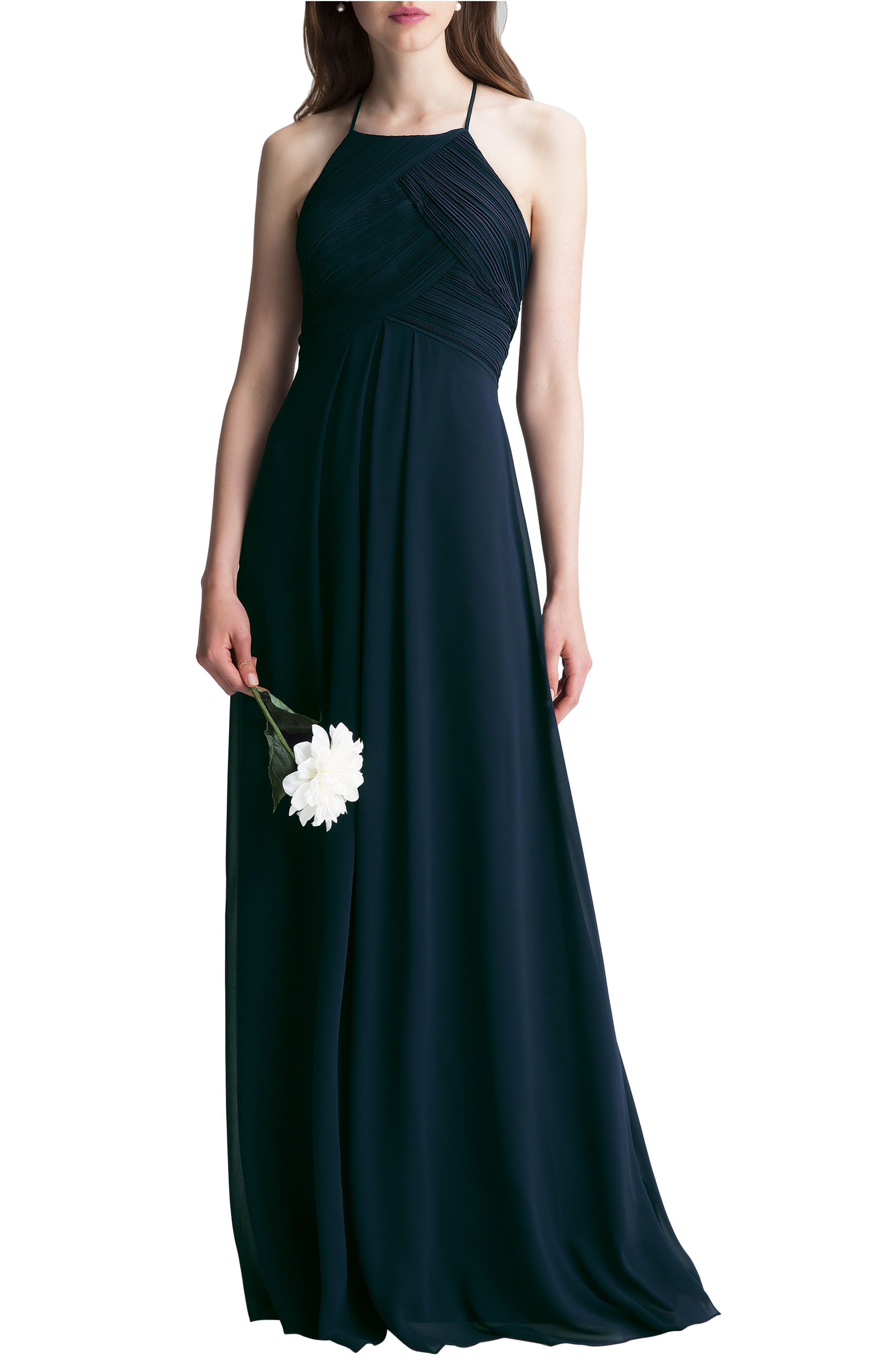 #levkoff Halter Chiffon A-Line Gown, Blue