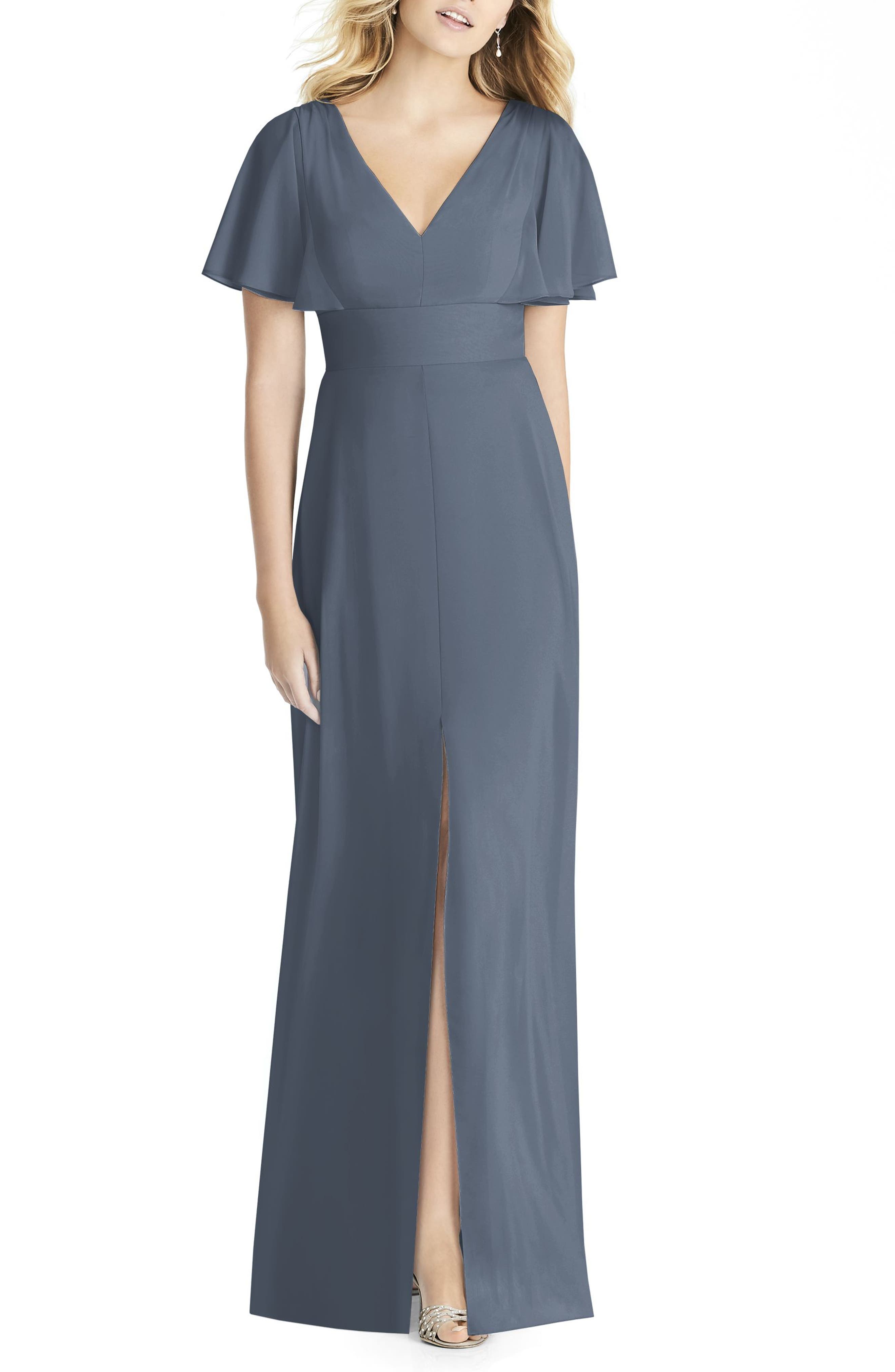 Social Bridesmaids Split Sleeve Chiffon Gown, Grey