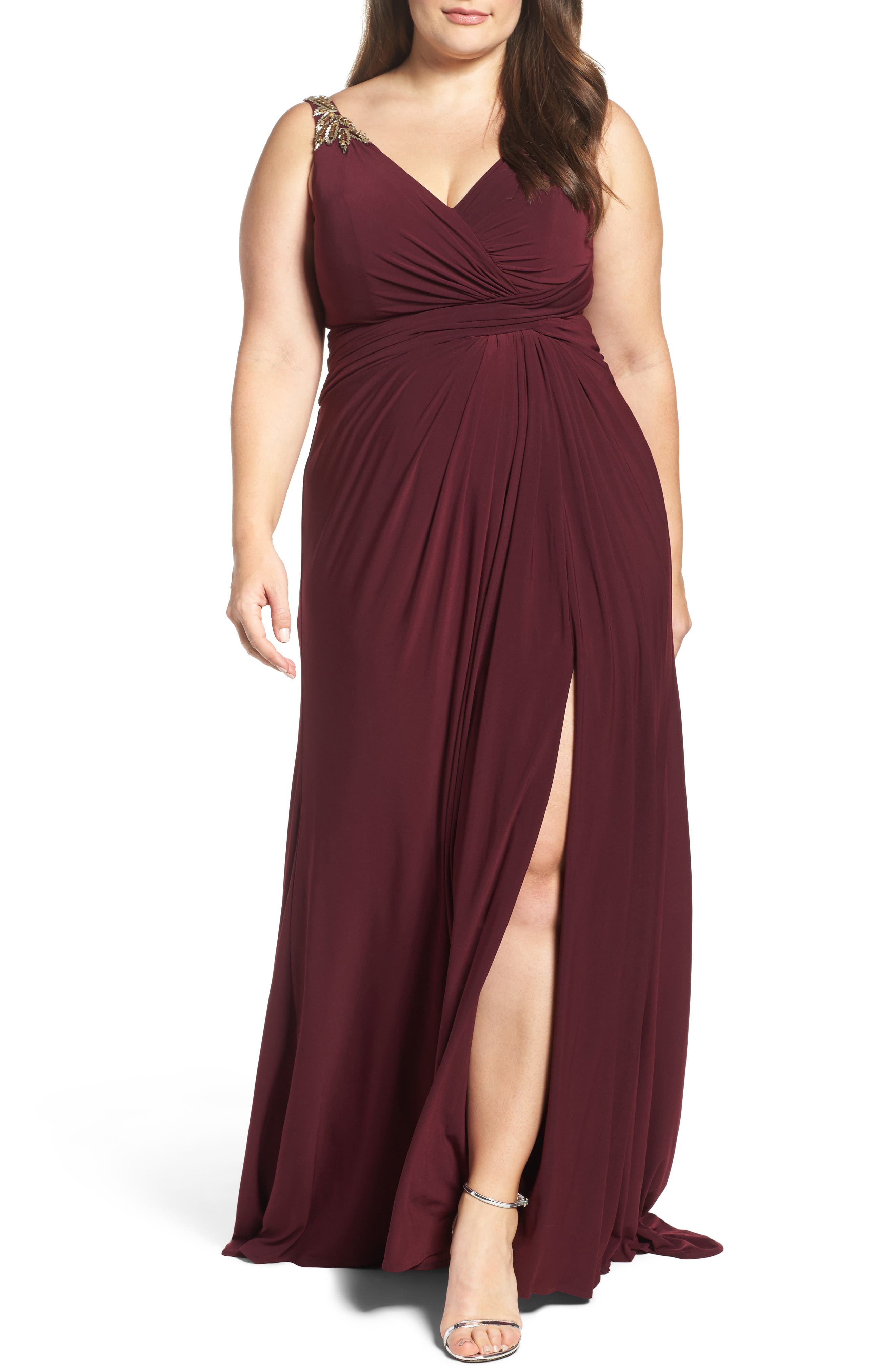 Plus Size MAC Duggal Embellished Shoulder Jersey Gown