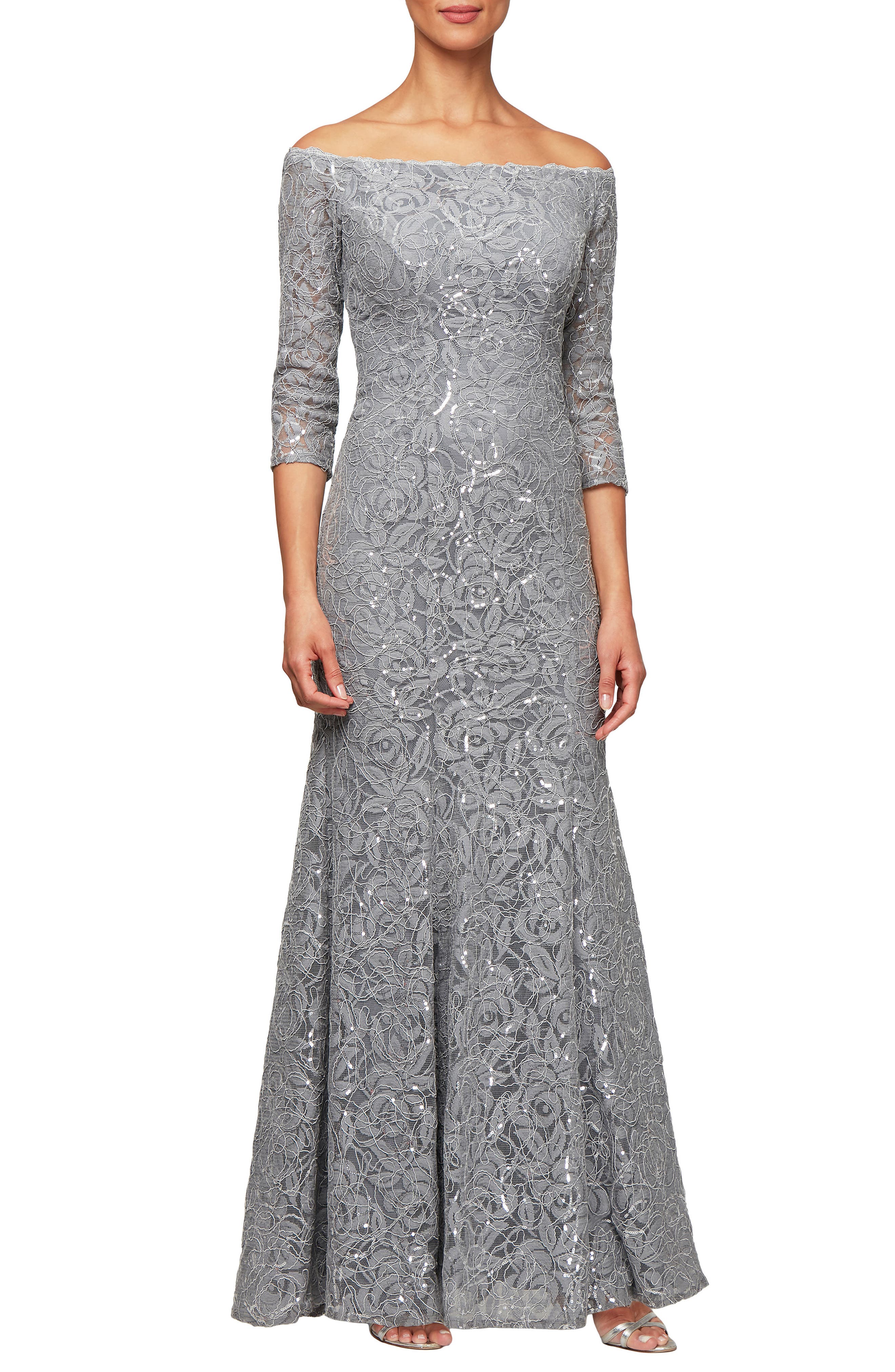 Alex Evenings Lace Off The Shoulder Evening Dress, Metallic