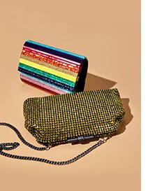 A rainbow-stripe clutch and a sequin bag.