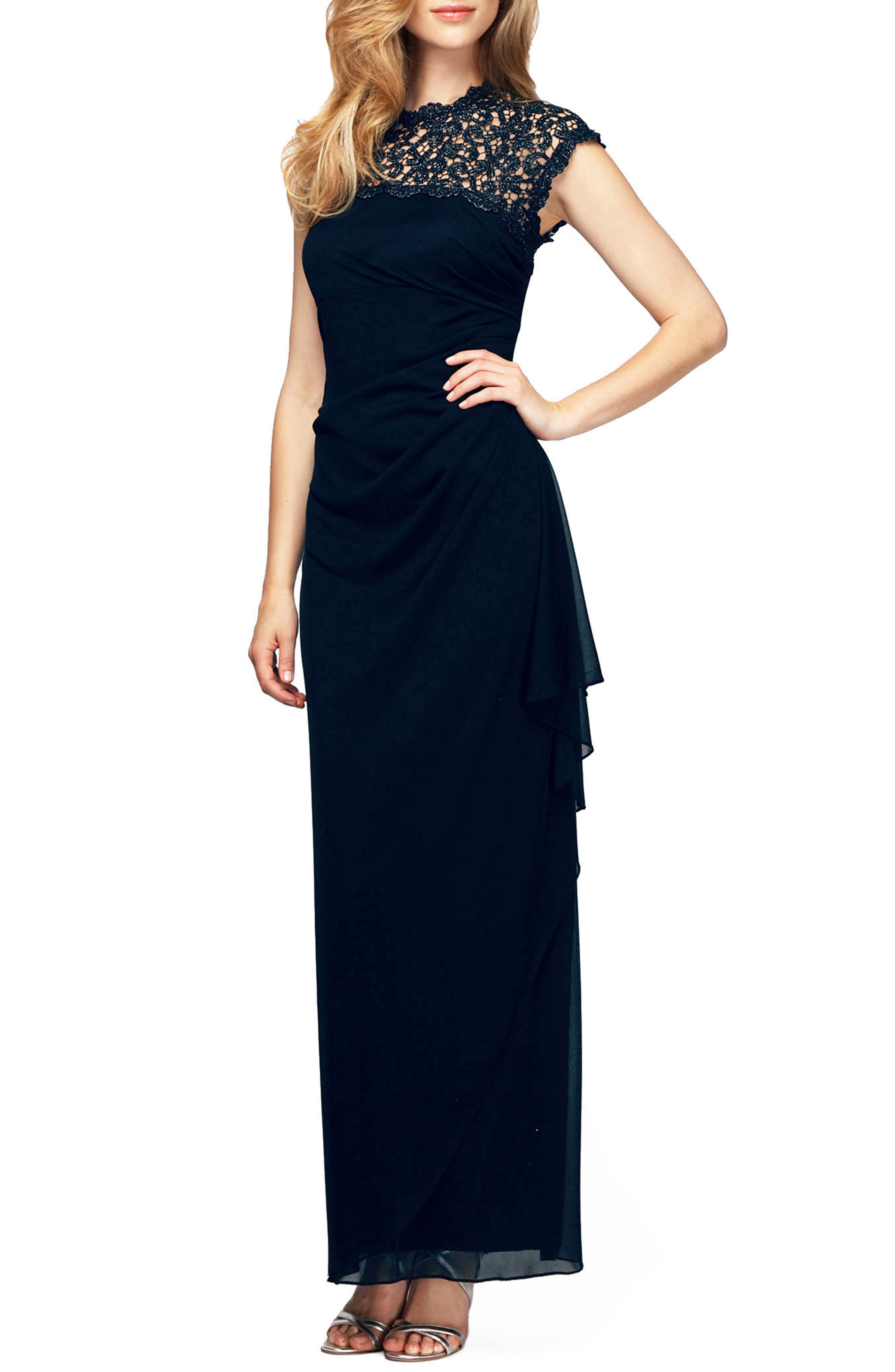 Petite Alex Evenings Illusion Yoke Mesh Gown, Blue