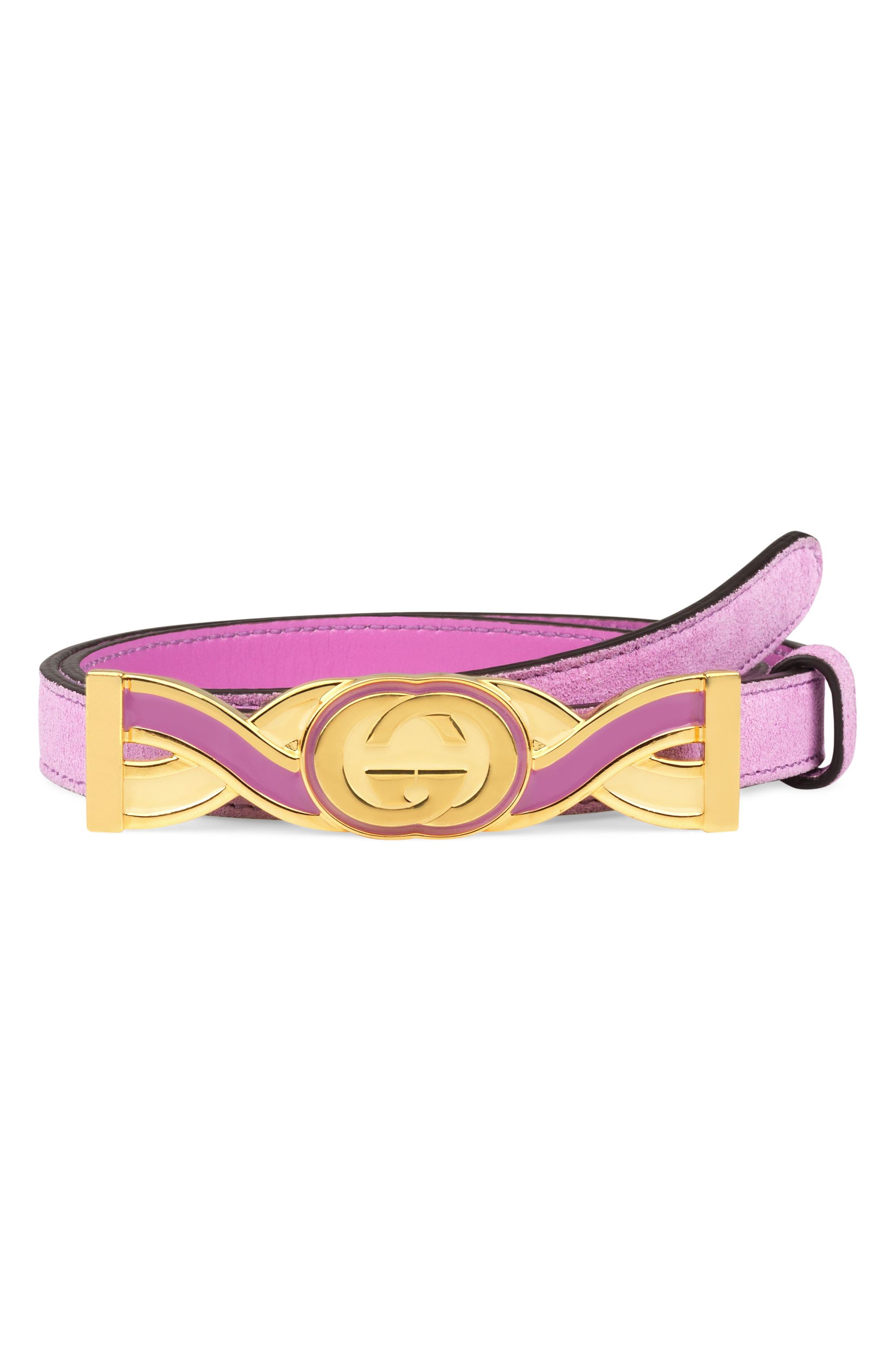Gucci Interlocking-G Buckle Skinny Suede Belt, Lilac Flower