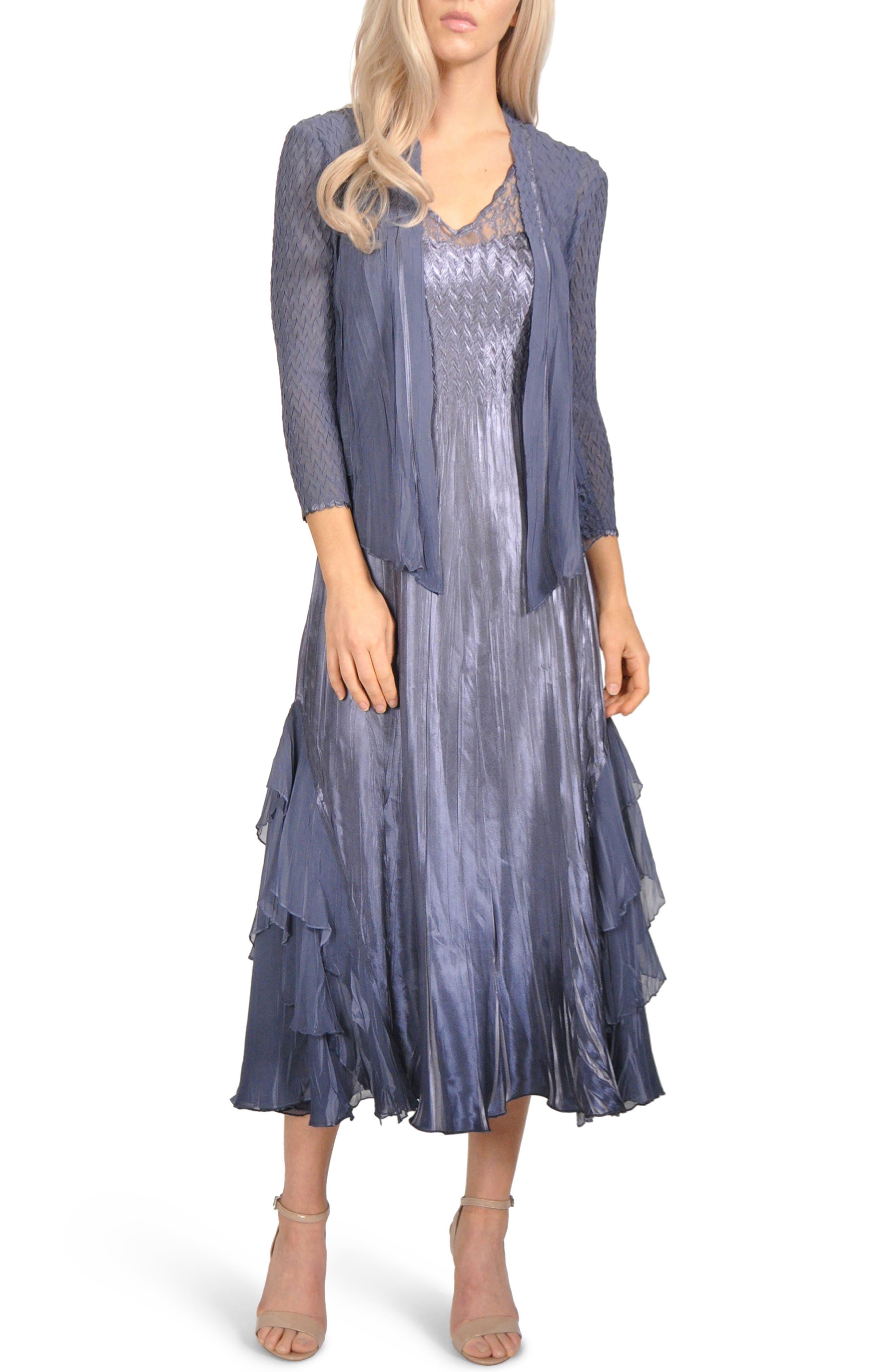 Komarov Waterfall Mixed Media Dress With Jacket, Purple