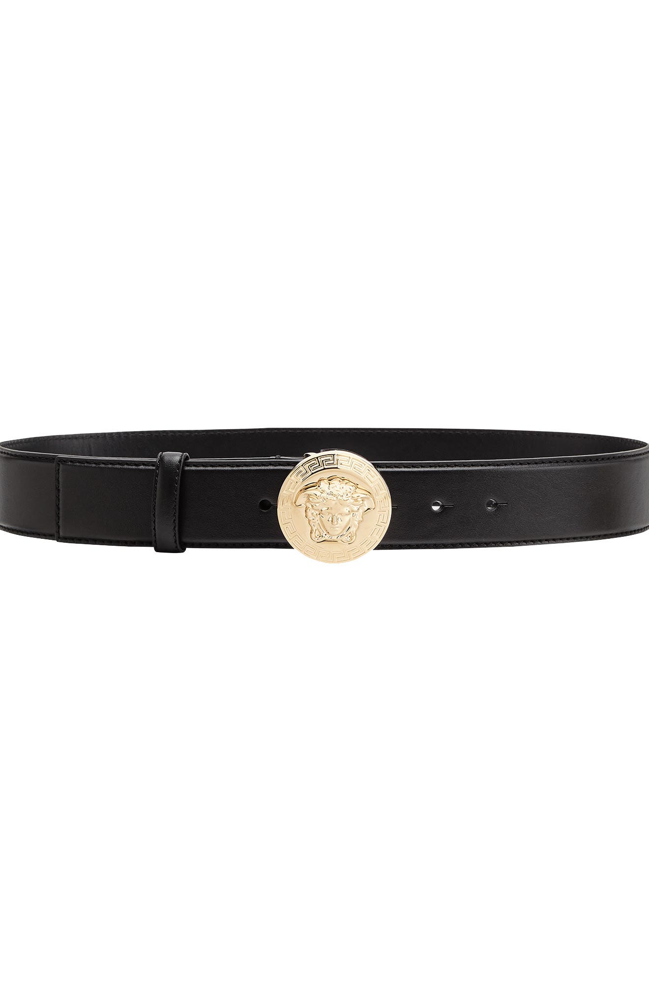Versace First Line Medusa Coin Leather Belt, Nero/ Gold Tribute