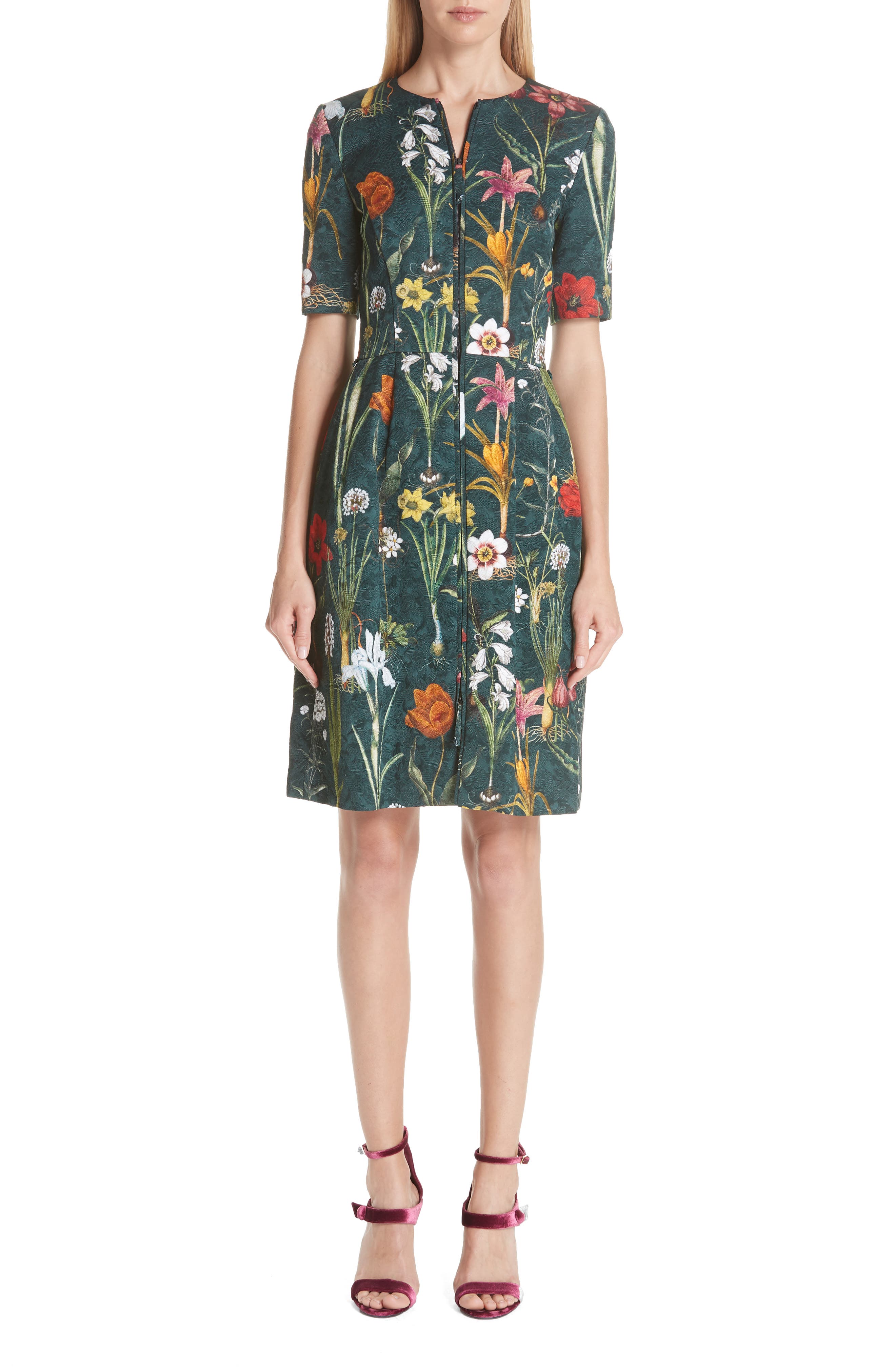Oscar De La Renta Floral Harvest Cloque Dress, Green