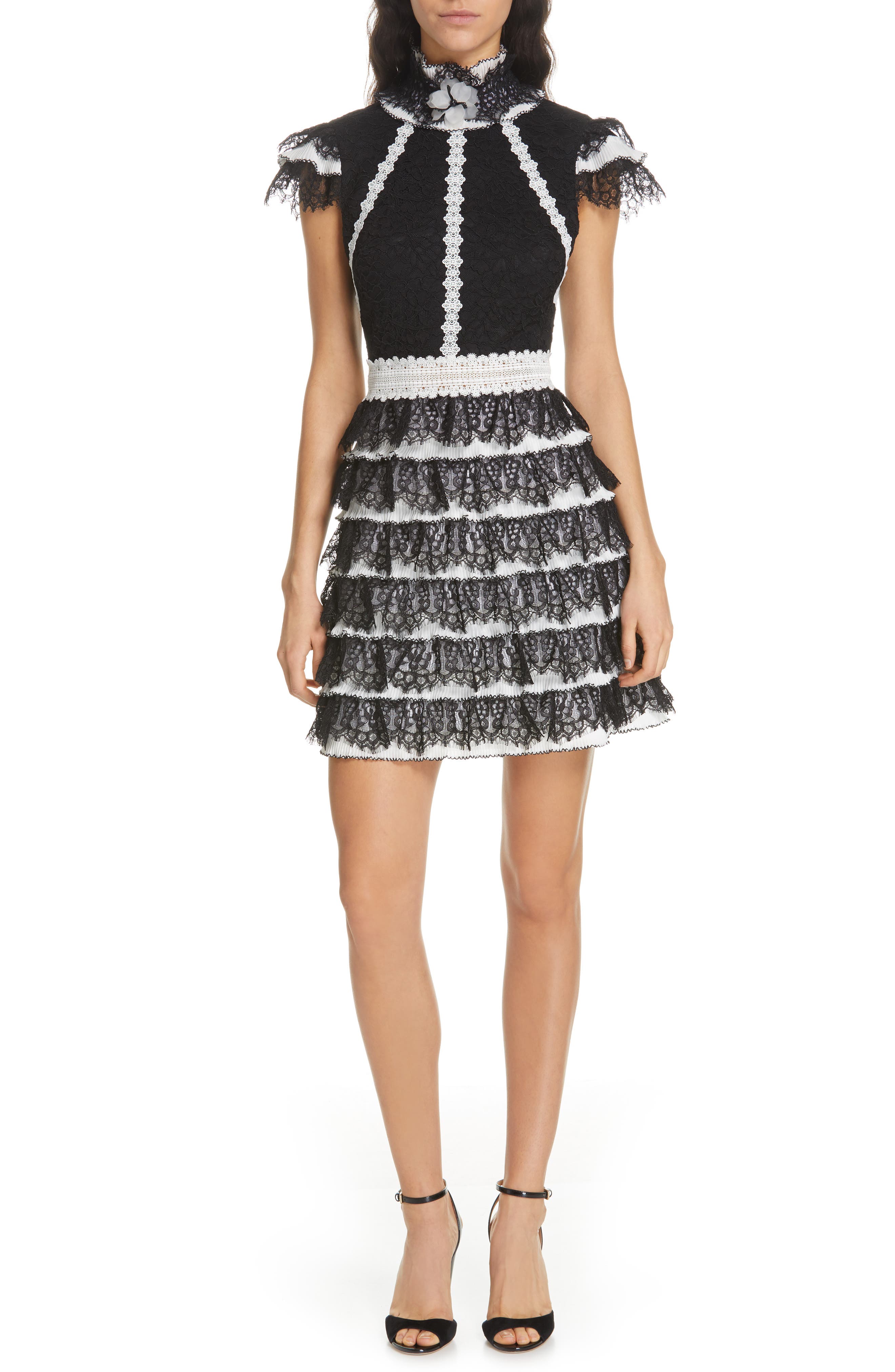 Alice + Olivia Cyra Ruffle Lace Minidress, Black