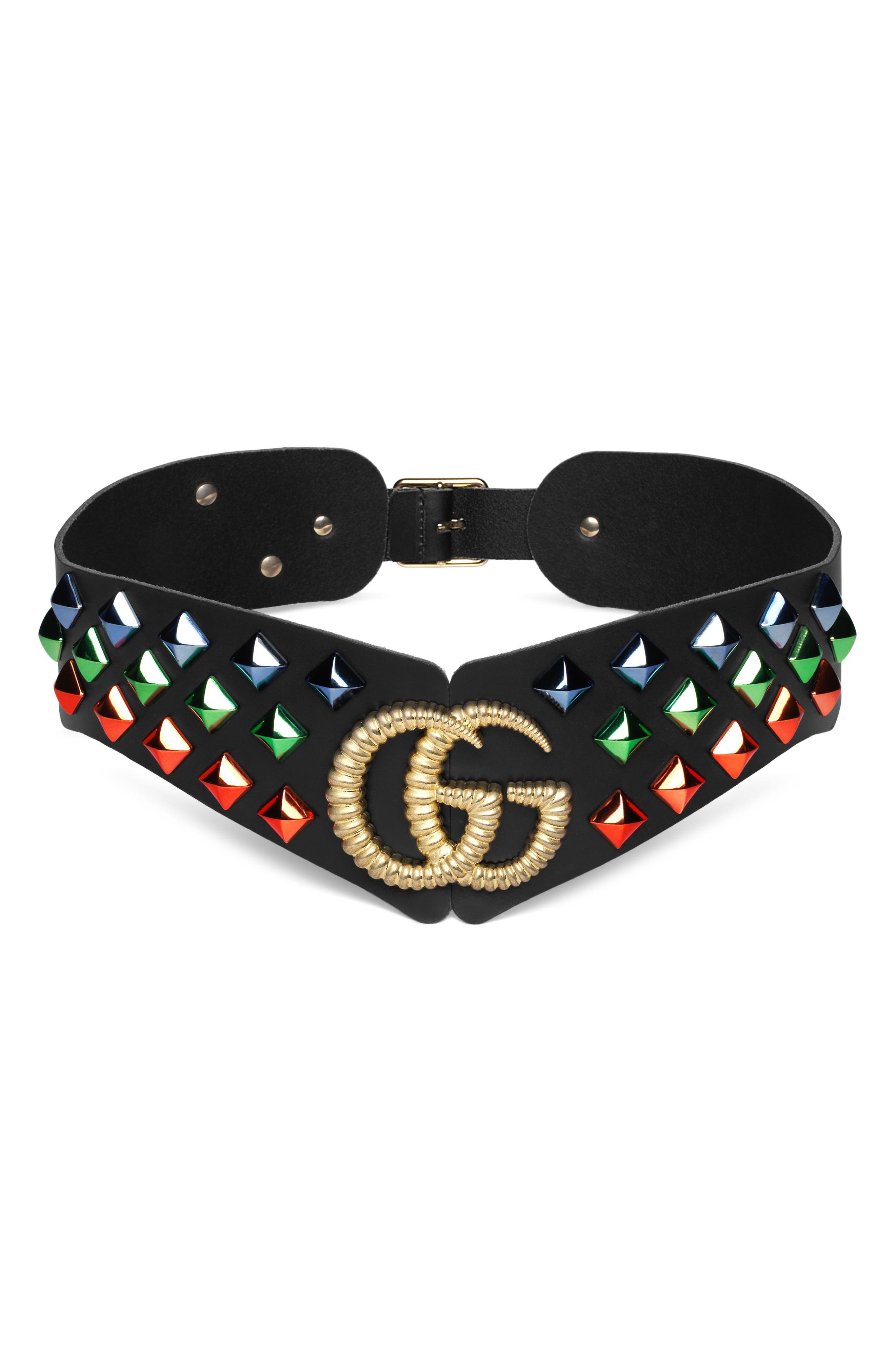 Gucci Double G Studded Leather Belt, Nero/ Multicolor