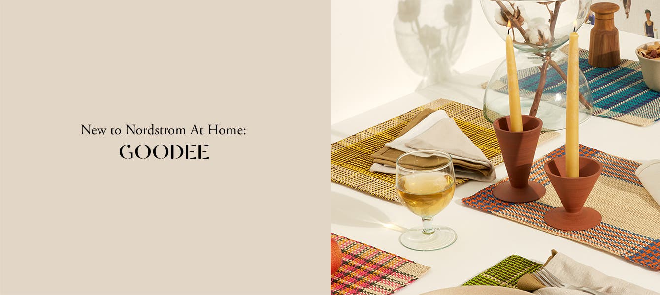 New to Nordstrom At Home: placemats, napkins, a glass, candle holders and a vase from GOODEE 100.