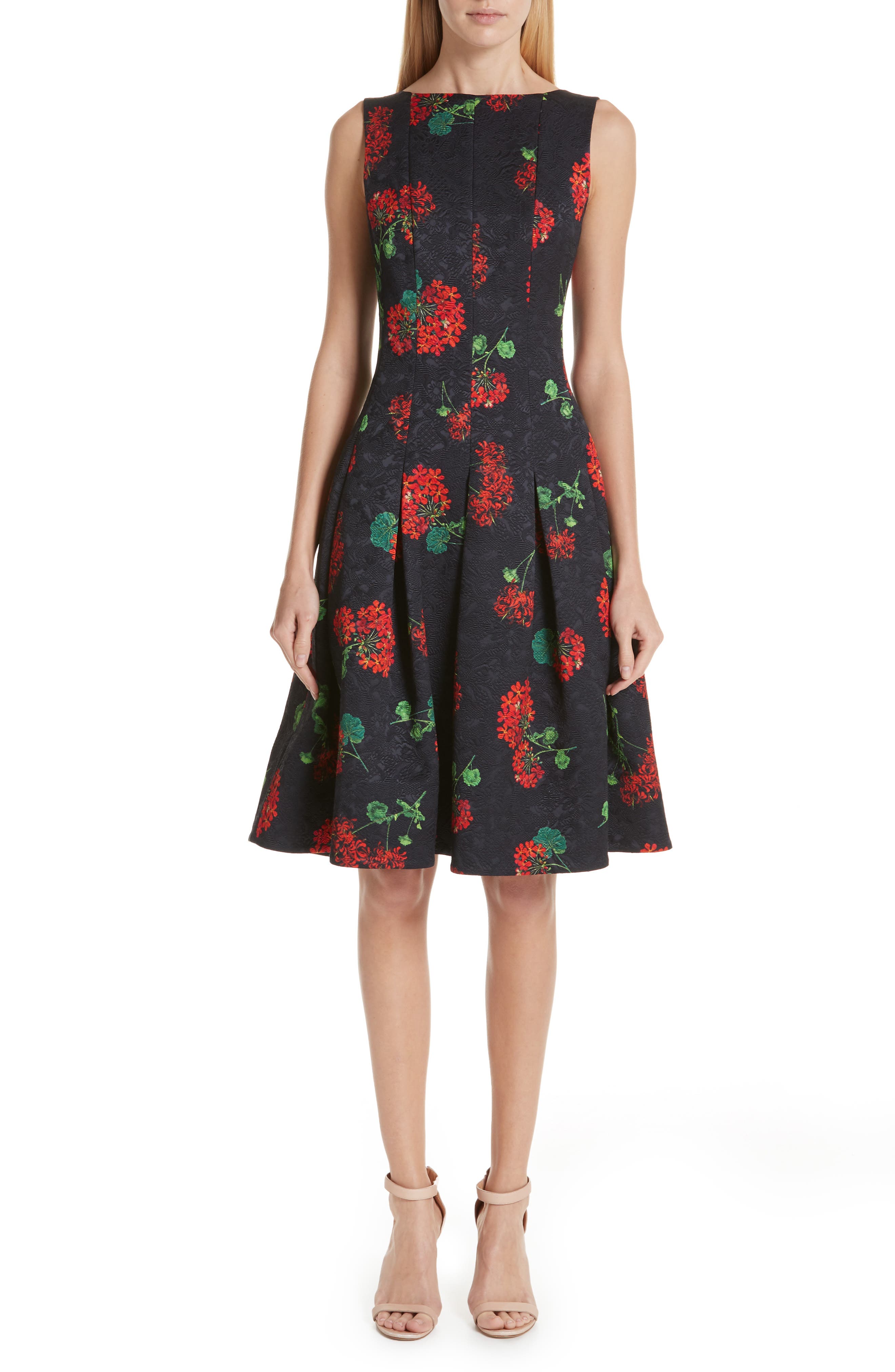 Oscar De La Renta Floral Jacquard A-Line Dress, Black